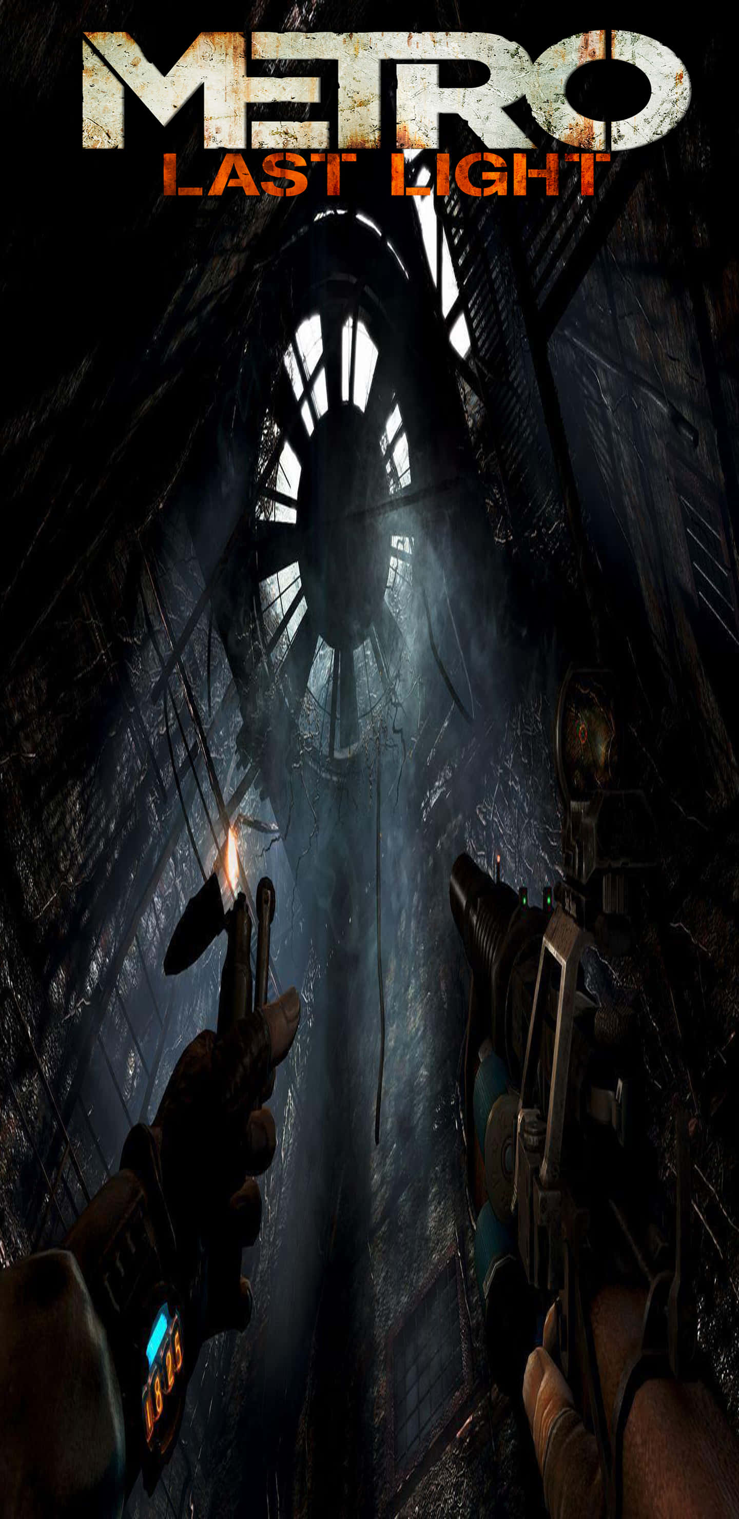 Pixel 3XL《Metro: Last Light》士兵視角背景 壁紙 — 第一人稱視角，在黑暗生鏽的地鐵隧道中，有一把發光的武器和遠處的彩繪玻璃窗。