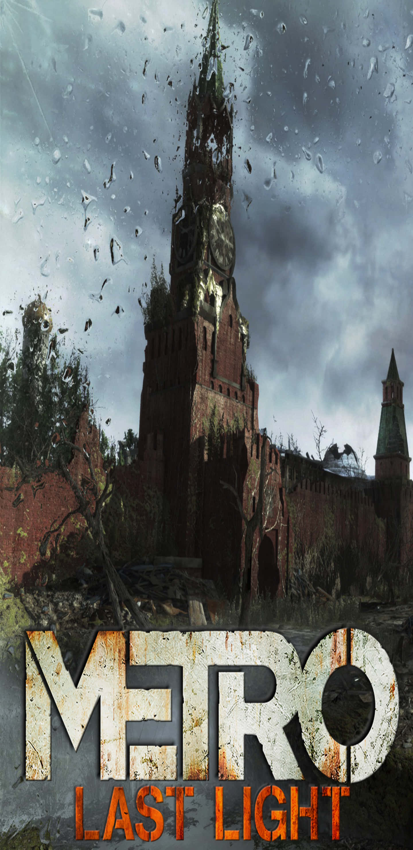 Pixel 3XL《Metro: Last Light》鐘樓背景 壁紙 — 一扇濺滿雨水的窗戶，在後末日世界中，框住了一座在暴風雨灰天下搖搖欲墜的紅磚大教堂。