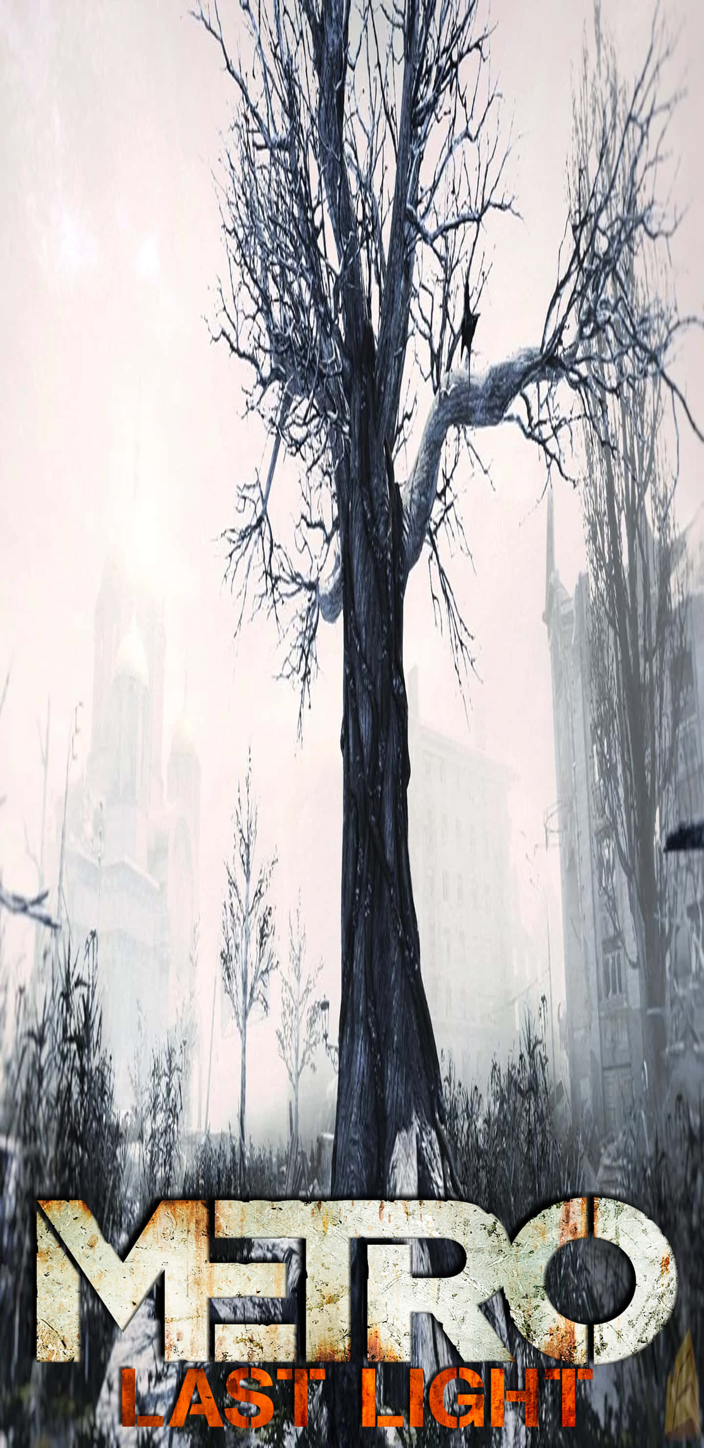 Pixel 3XL《Metro：Last Light》枯樹背景 壁紙 — 一棵孤獨的骨架樹立在霧氣瀰漫的廢墟城市景觀中，蒼白的天空下底部有「METRO LAST LIGHT」文字。