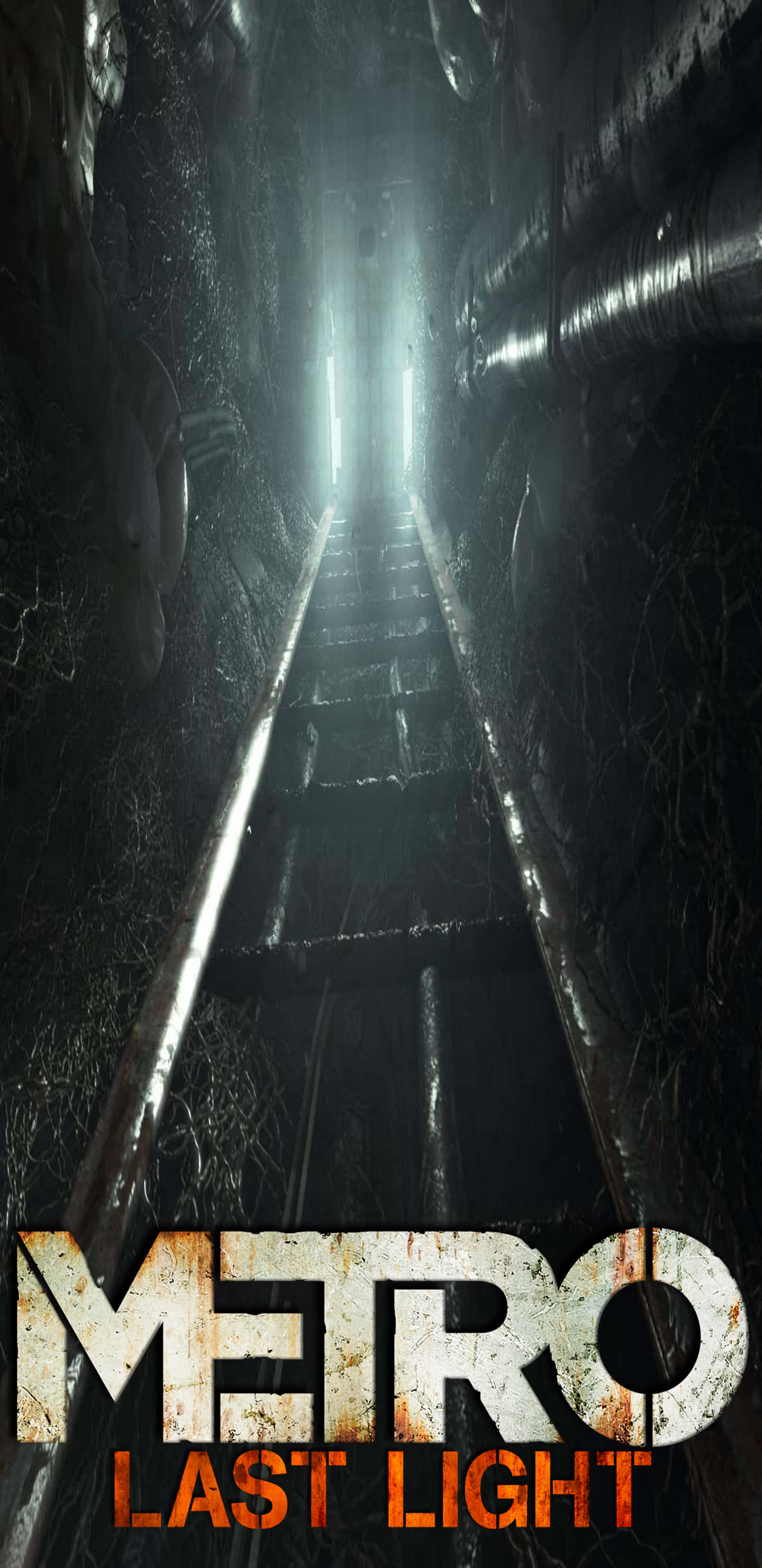Pixel 3XL《Metro: Last Light》鐵軌背景 壁紙 — 一把生鏽的梯子穿過黑暗、雜草叢生的地鐵隧道，向著遠處發光的光線上升。