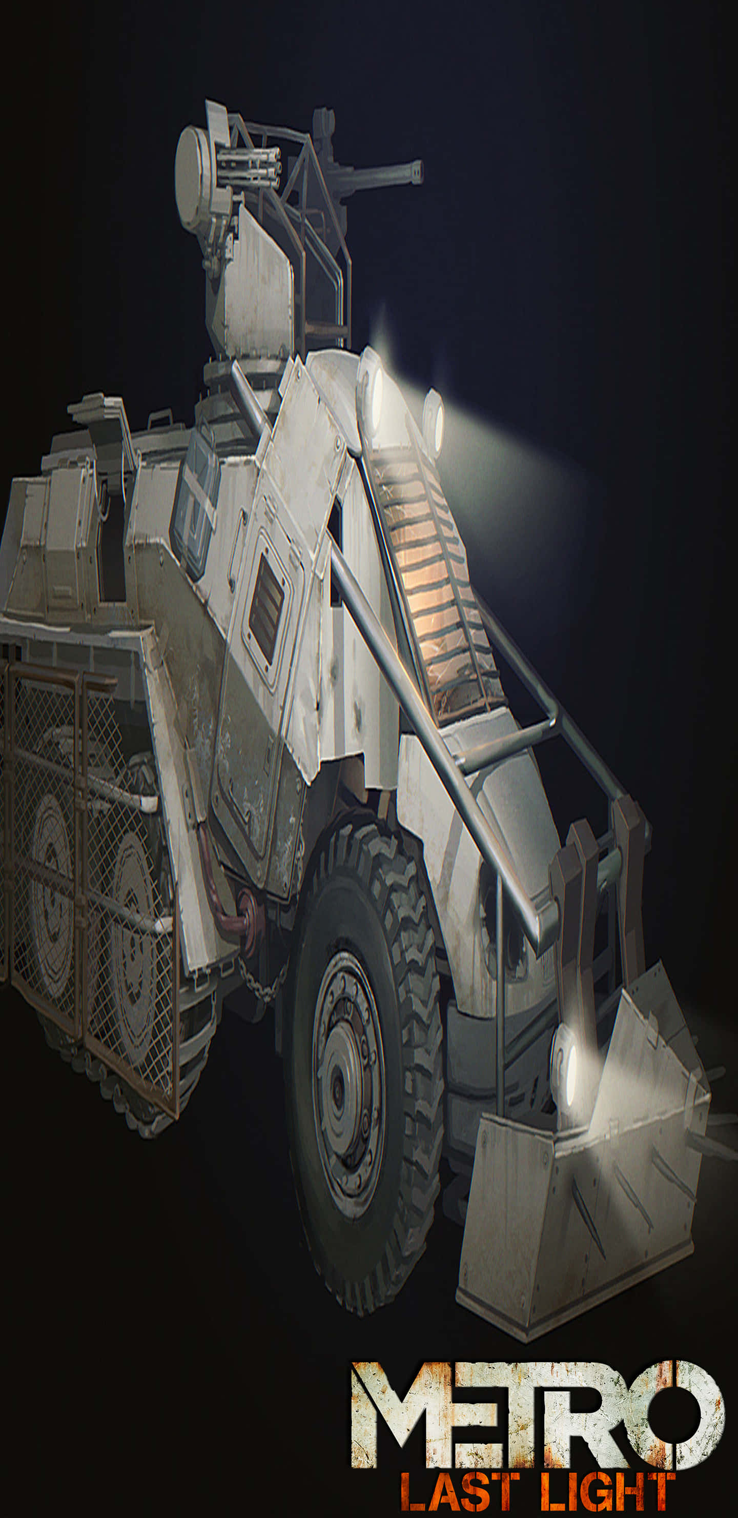 Pixel 3XL《Metro：Last Light》裝甲車背景 壁紙 — 一輛堅固的裝甲車，車頭燈發光，在末日後的場景中劃破黑暗。