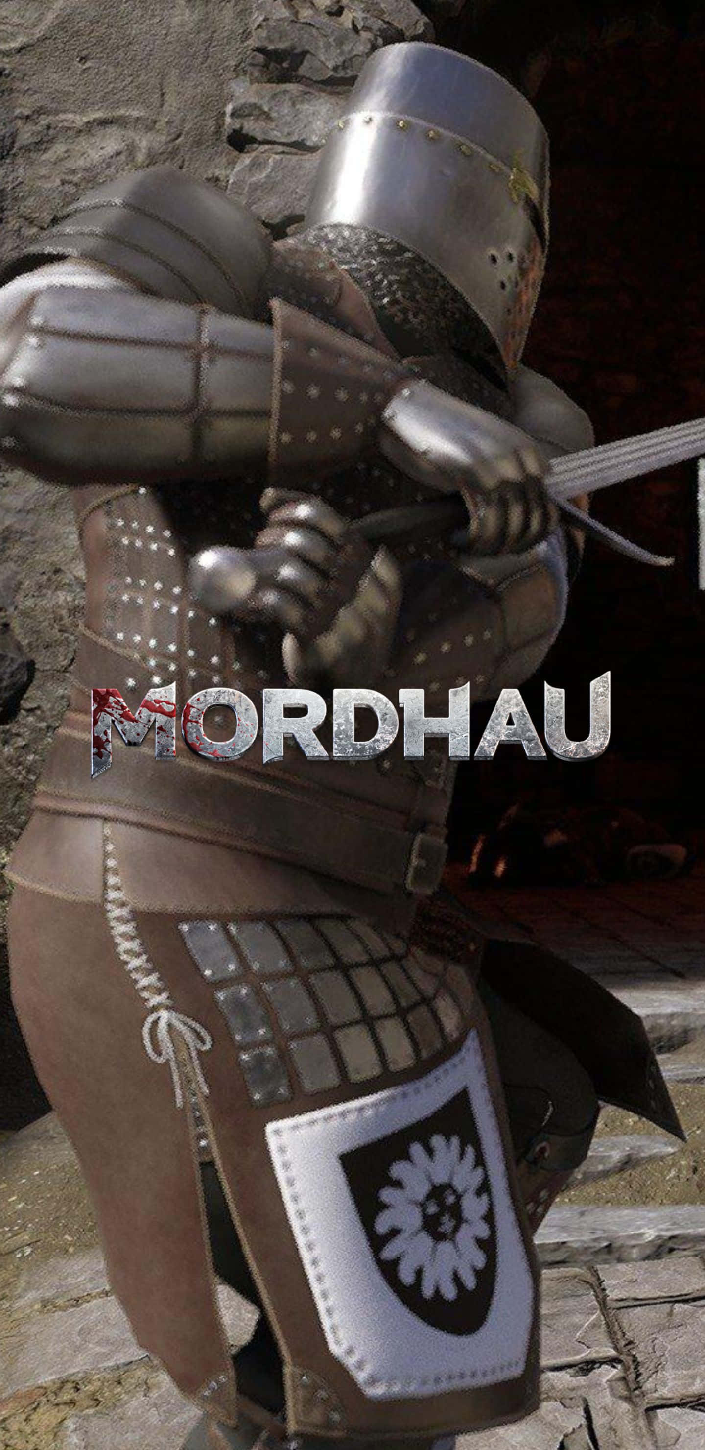 Pixel 3XL《Mordhau》：踏入中世紀冒險 壁紙 — 一名身穿精細板甲的騎士在石牆中世紀場景中握著劍。