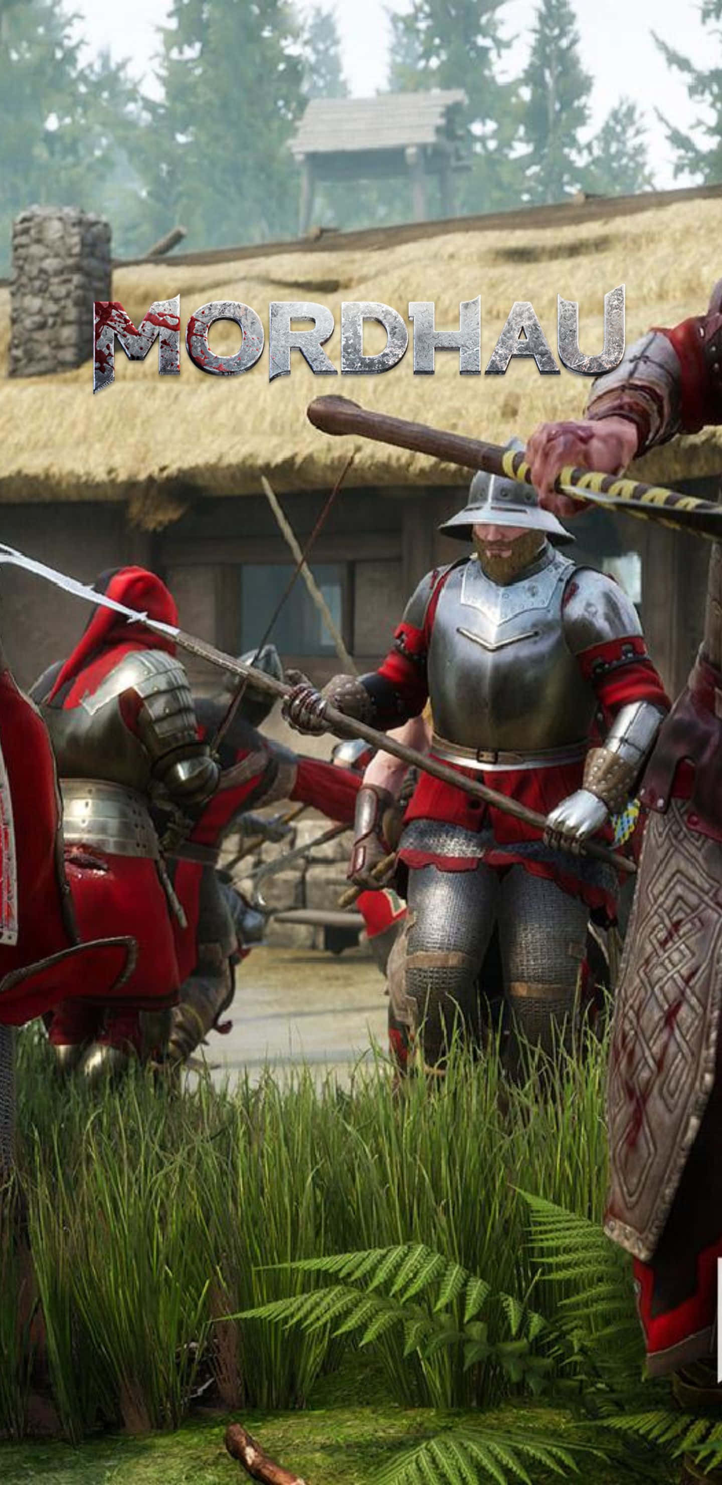 Pixel 3XL《Mordhau》：燃燒戰鬥激情的背景 壁紙 — 身穿紅色和銀色盔甲的中世紀騎士在霧氣瀰漫的村莊庭院中，被高草和蕨類植物包圍，用劍交戰。