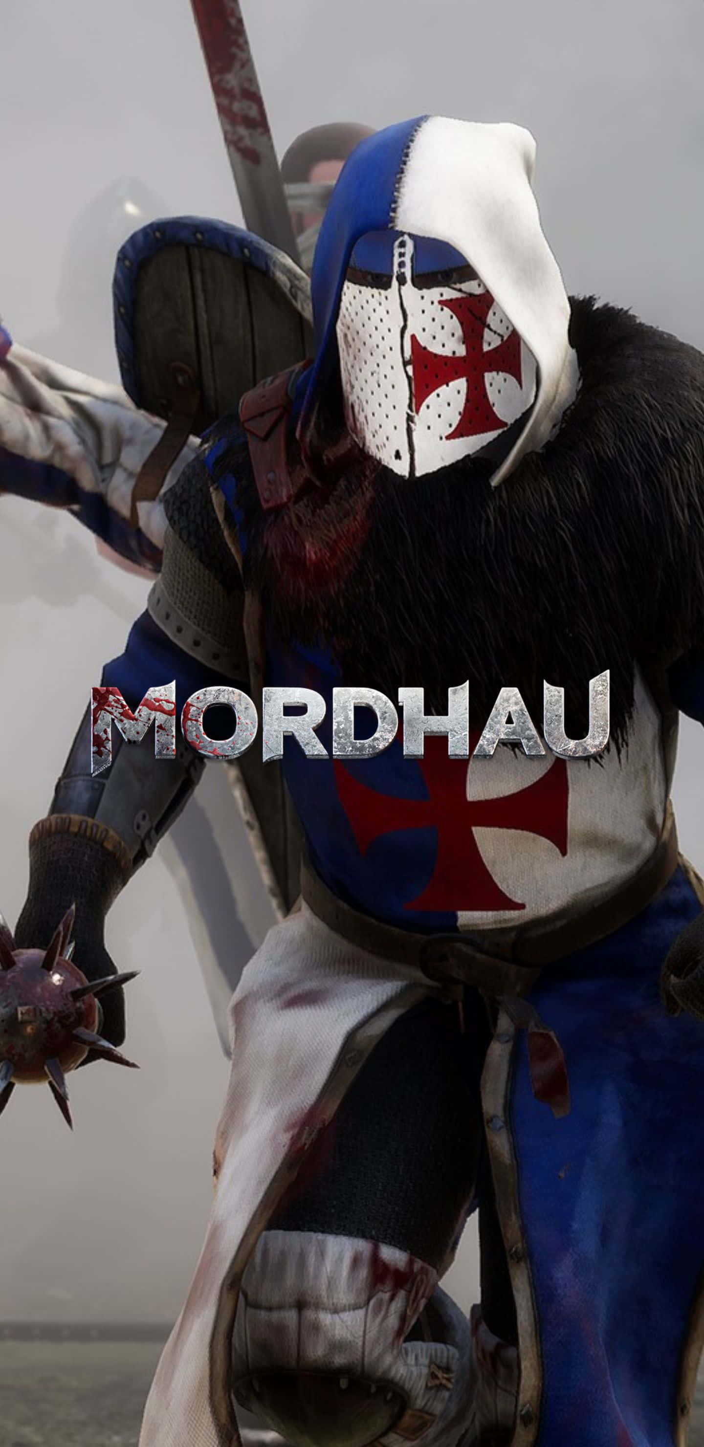 Pixel 3XL《Mordhau》高畫質背景 壁紙 — 一位身穿藍白盔甲、帶有紅色十字徽章的騎士，在迷霧戰場上揮舞著帶刺的狼牙棒。