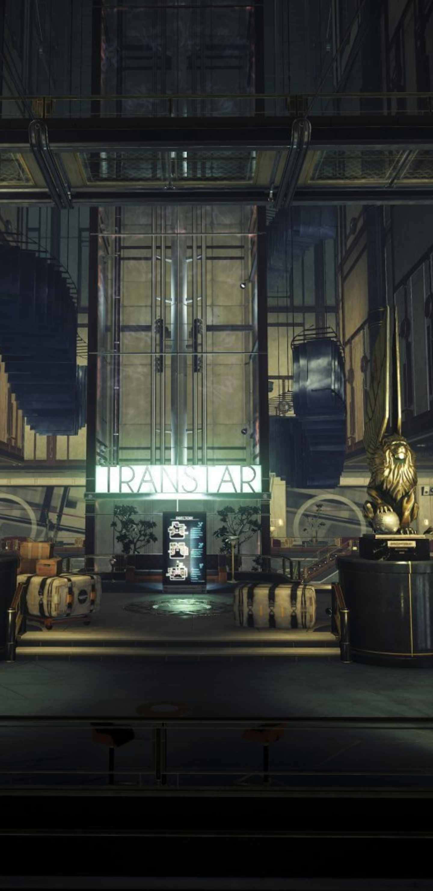 Pixel 3xl The Talos Principle 背景：TRANSTAR 生物實驗室 壁紙 — 燈光昏暗的未來風格大堂，帶有發光的「TRANSSTAR」標誌、玻璃電梯和金色獅子雕像。