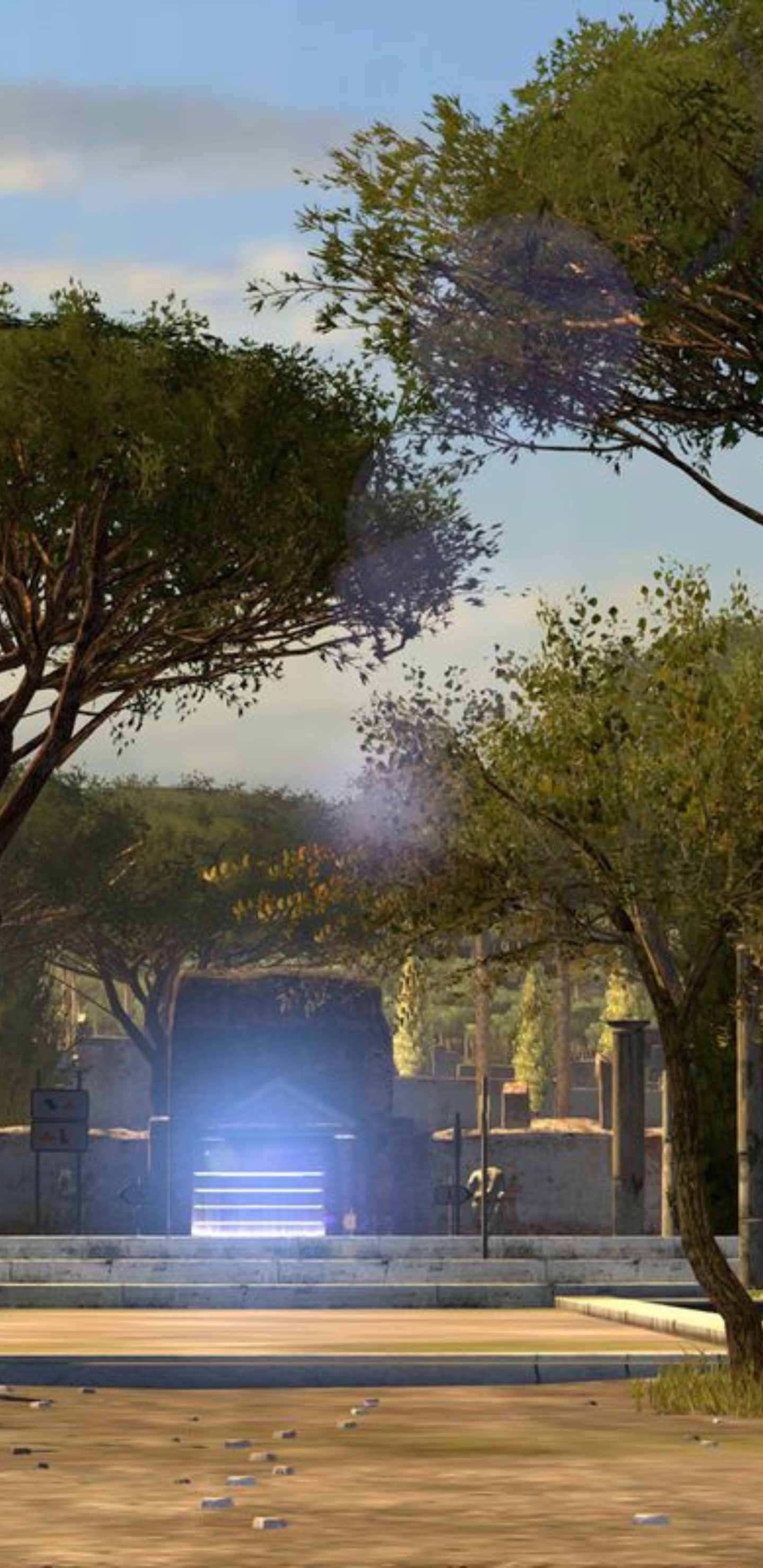 Pixel 3xl The Talos Principle 背景：公園 壁紙 — 一個發光的藍色傳送門位於石階盡頭，兩旁是茂密的綠樹，上方是明亮的天空。