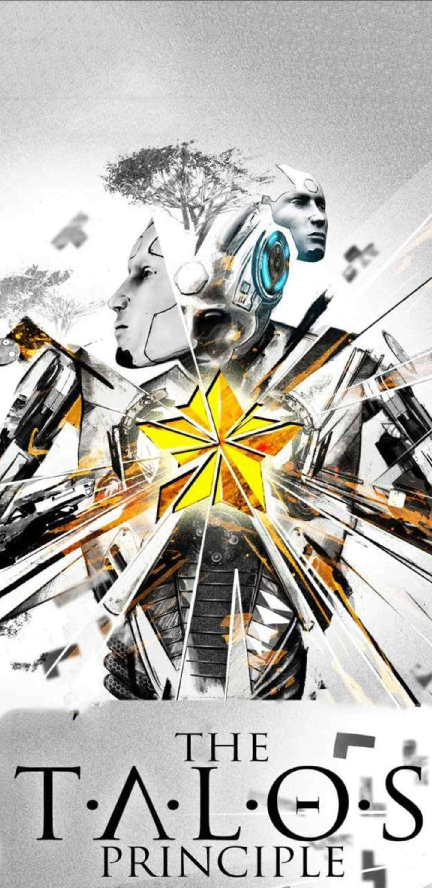 Pixel 3XL《The Talos Principle》背景：機器人與星形海報 壁紙 — 一幅碎片化的數位藝術作品，以人形機械人和樹木剪影為特色，中央有發光的黃色星爆。