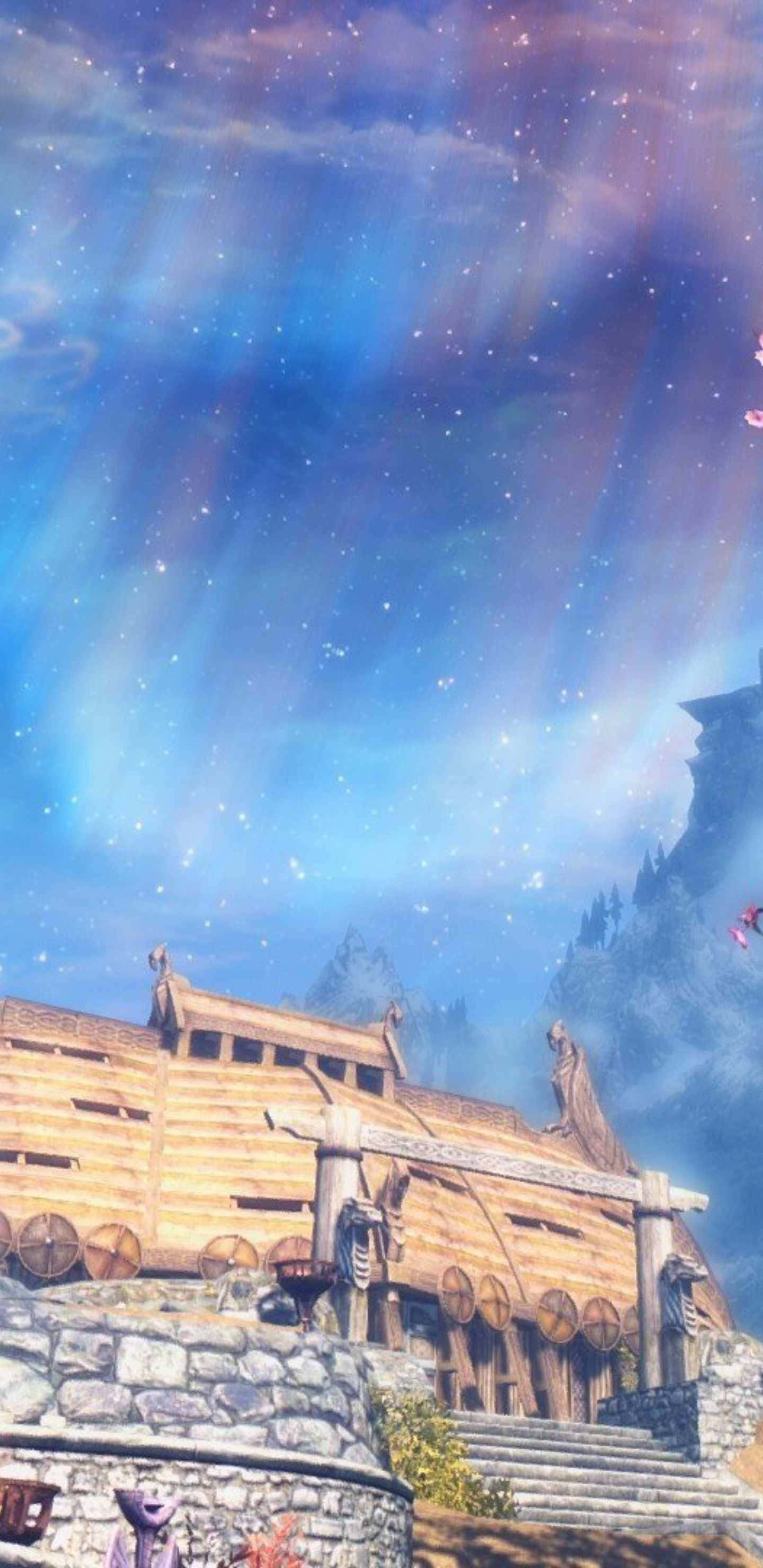 Pixel 3xl The Talos Principle 背景：光之門 壁紙 — 一艘木製維京長船停放在石頭地基上，上方是充滿活力的極光天空，遠處有山脈。
