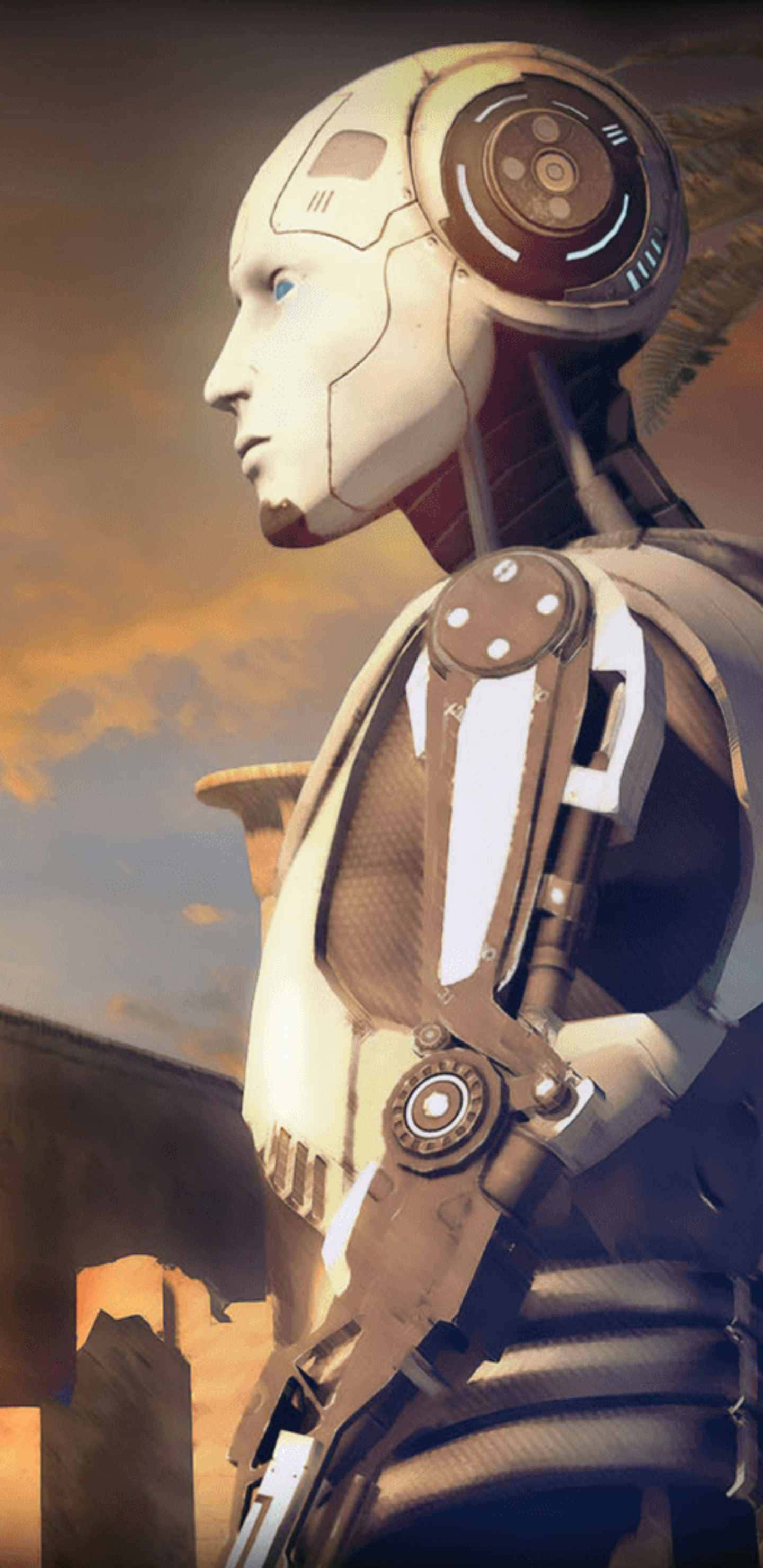 Pixel 3xl The Talos Principle 背景：Uriel 面對陽光 壁紙 — 一個身穿風化白色和棕色裝甲身體的人形機械人，側面站立在溫暖的日落天空背景下。