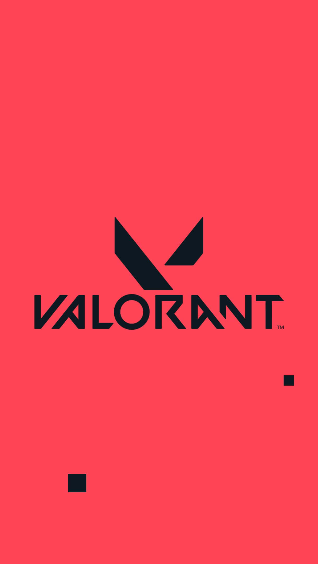 Pixel 3XL《Valorant》遊戲背景：大型標誌 壁紙 — 大膽的黑色 Valorant 標誌居中於充滿活力的珊瑚粉紅色背景上，並帶有兩個黑色小正方形。
