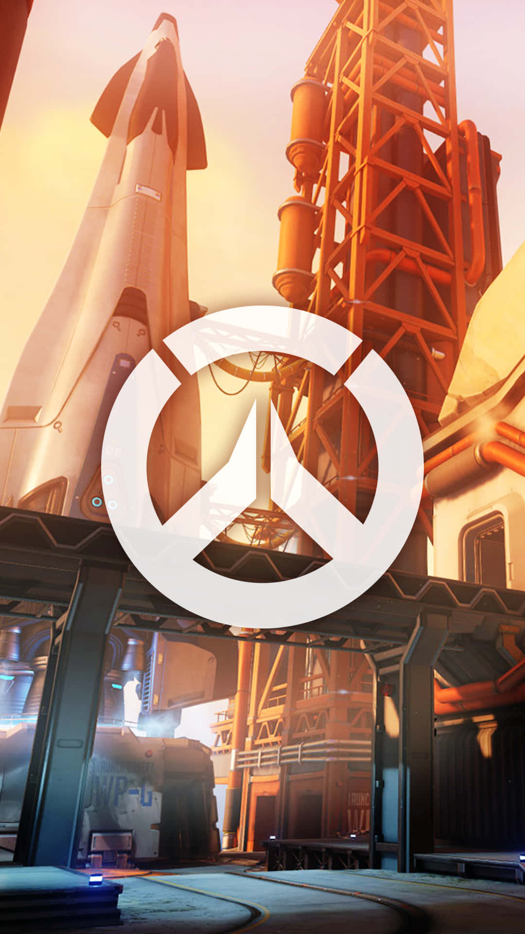 未來太空港，帶有火箭和Overwatch標誌，在夕陽下。