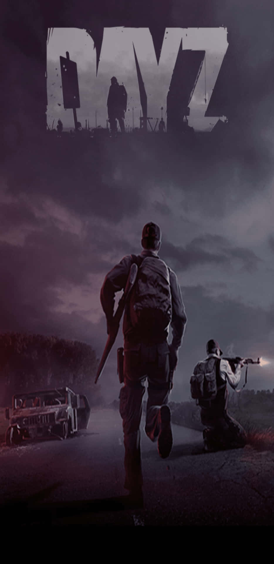 兩名武裝倖存者在黑暗的末世後景觀中逃離喪屍。