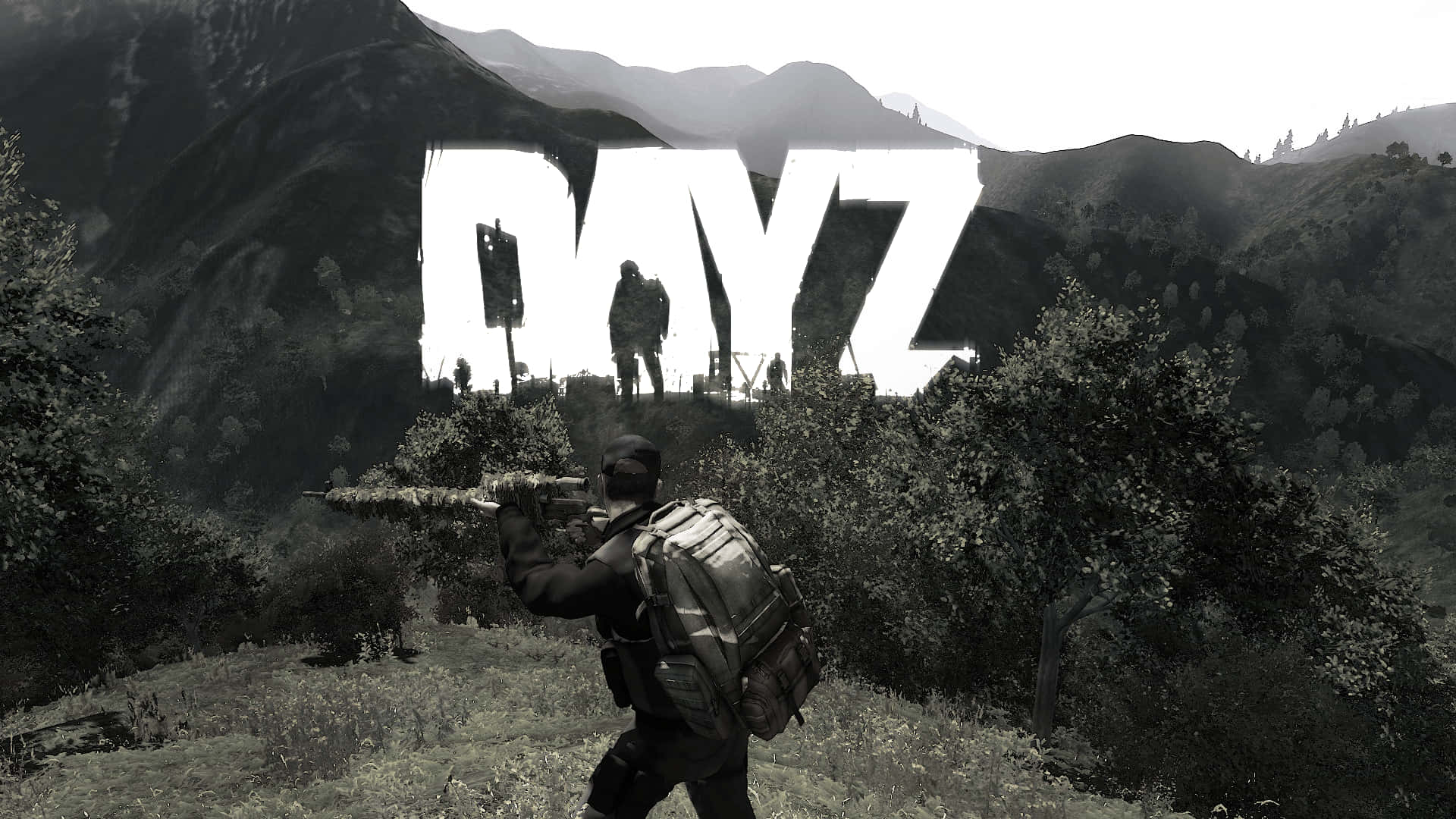 一名背著背包的士兵在灰階戶外場景中瞄準步槍，DAYZ字樣發出光芒。