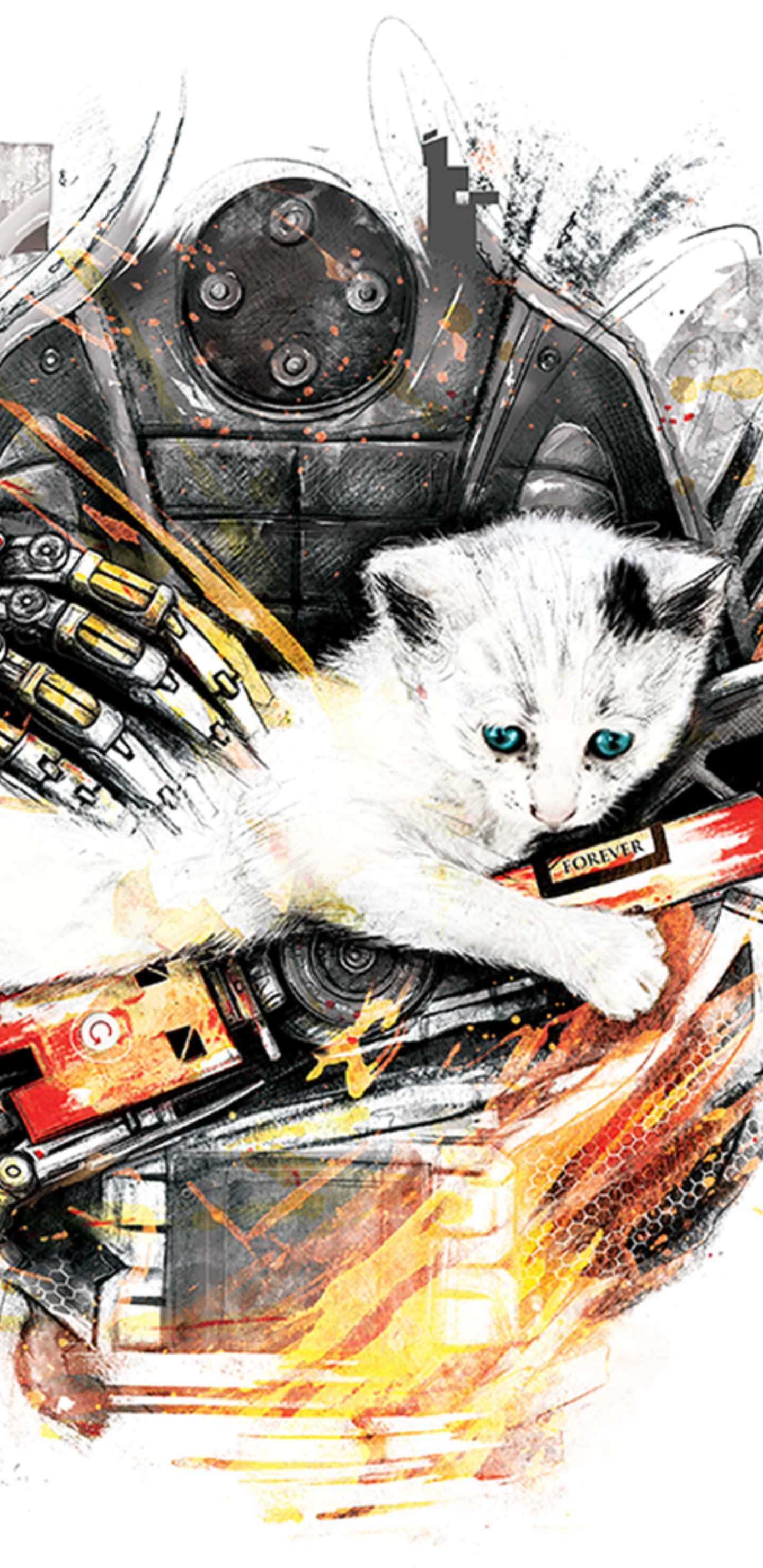 Pixel 3XL 展示《The Talos Principle》遊戲背景的美學畫面 壁紙 — 一隻藍眼睛的白色小貓咪在破損的機械人上休息，周圍是熾熱的橙色和黑色機械碎片。