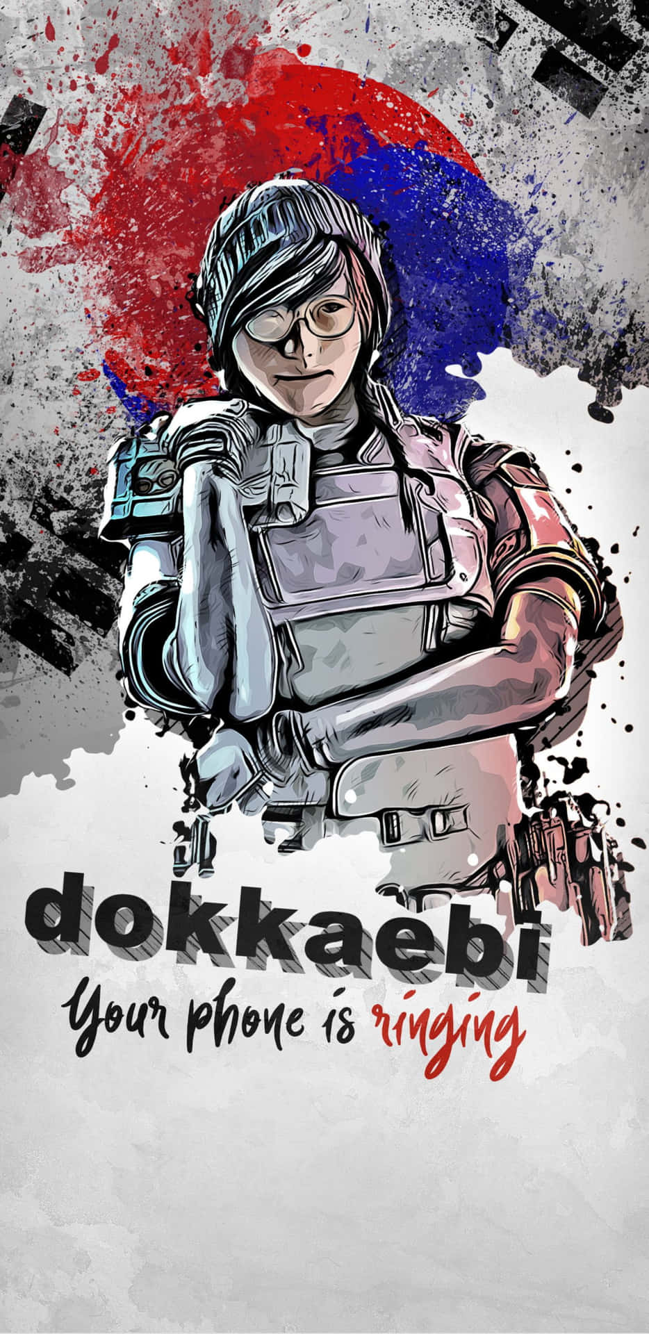 一名身穿戰術裝備的女兵手持步槍，上面寫著「dokkaebi 你的電話在響」。