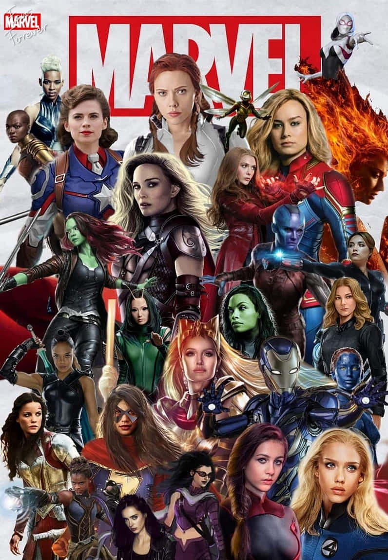Pixel 3XL《復仇者聯盟》背景：全女性陣容 壁紙 — Marvel 女性超級英雄的動態拼貼畫，穿著大膽的服裝，在紅色和白色的品牌背景前英勇地擺姿勢。