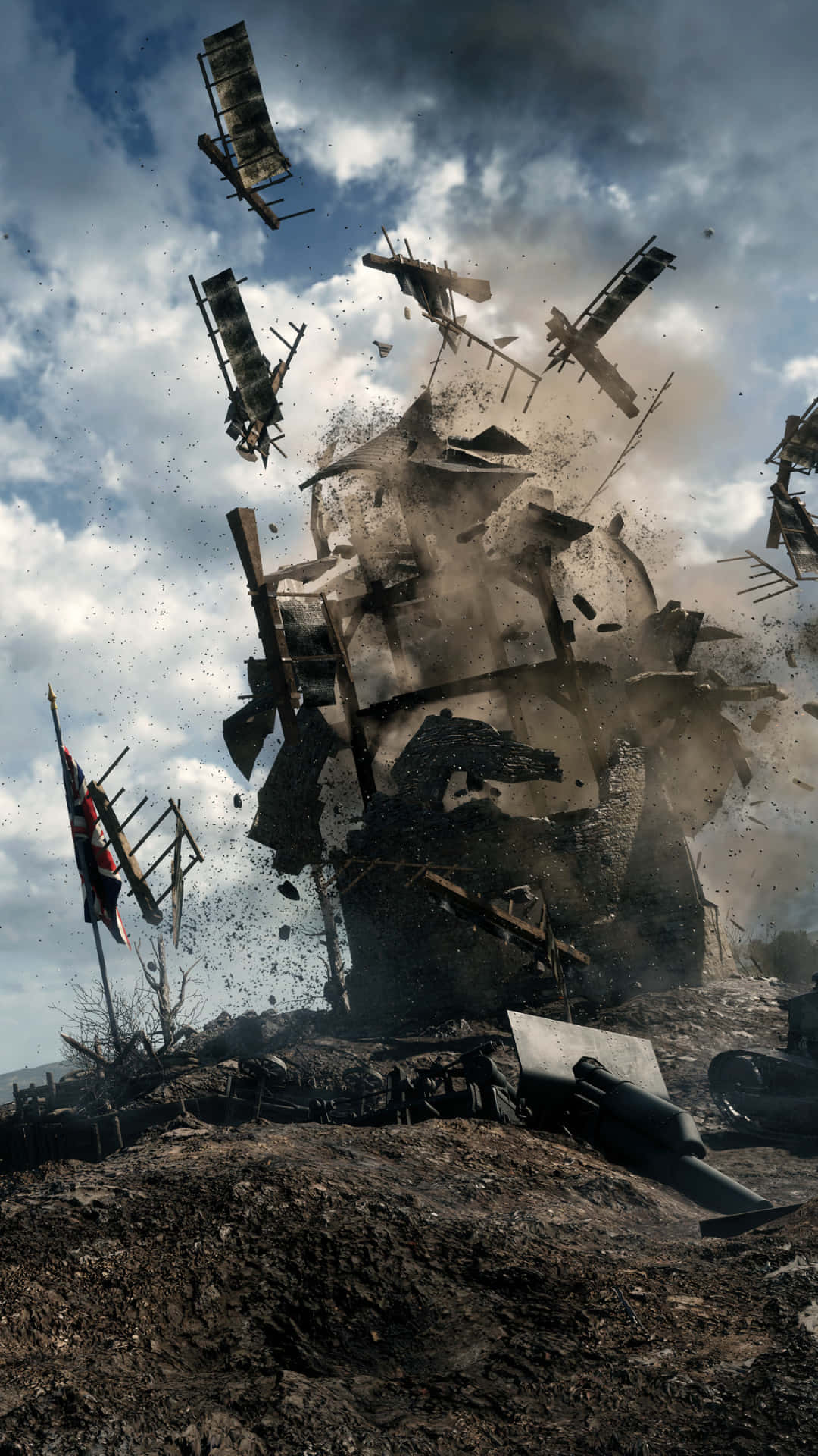 Pixel 3XL《戰地1》背景：戰艦被轟炸 壁紙 — 一場大爆炸將碎片和扭曲的金屬拋向戰火摧殘的戰場上空，背景是陰雲密布的天空。