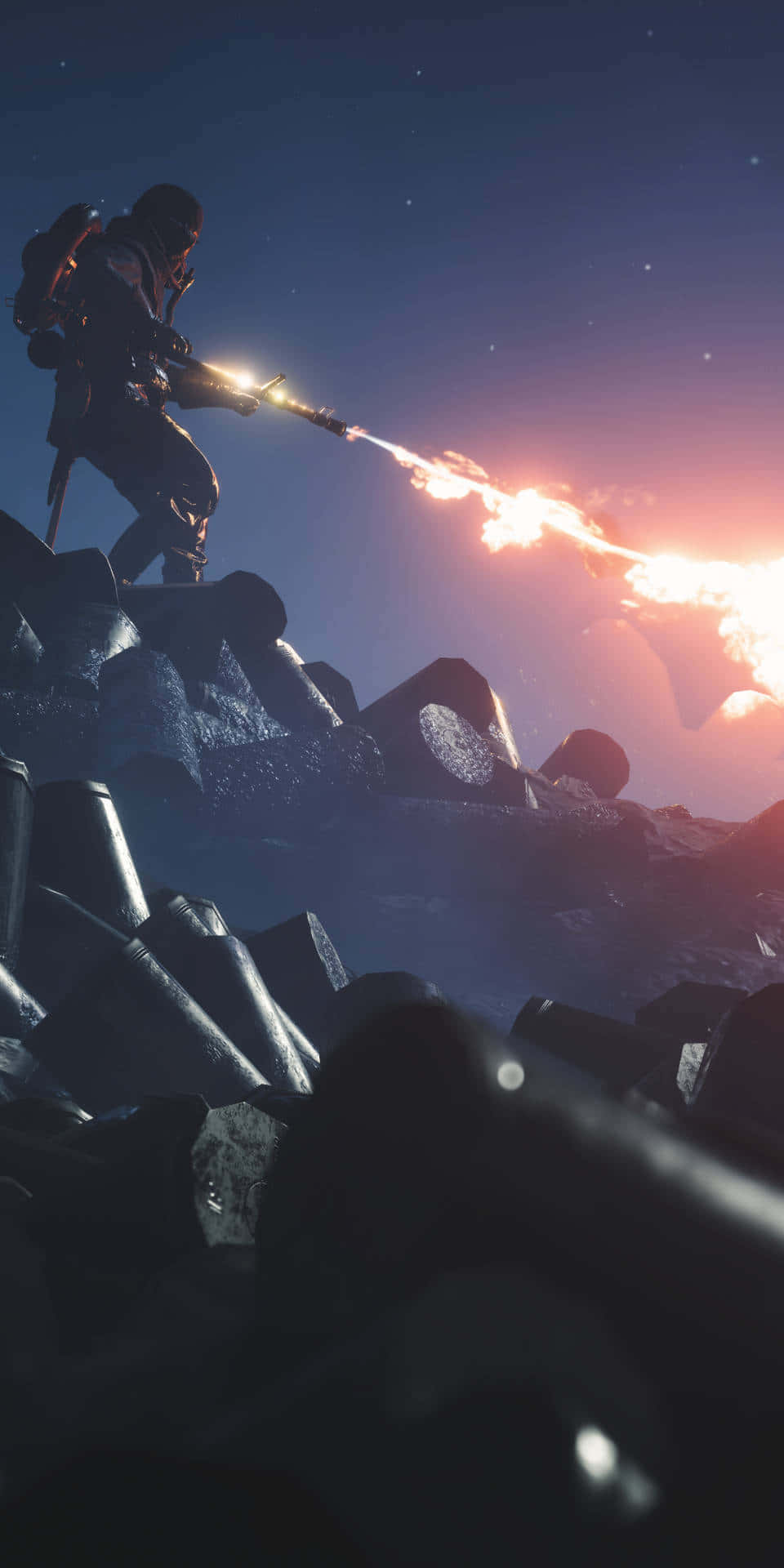 Pixel 3XL《戰地1》背景：士兵噴射火焰噴射器 壁紙 — 一名孤獨的士兵在星光燦爛的黃昏天空下，在崎嶇的岩石頂端發射發光的武器，遠處有熾熱的爆炸。