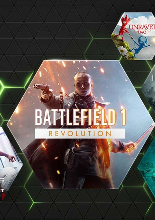 Pixel 3XL《戰地1：革命》遊戲圖標背景 壁紙 — 《Battlefield 1 Revolution》中的一名士兵在深色六邊形網格背景下向前指著手槍，火花四濺。