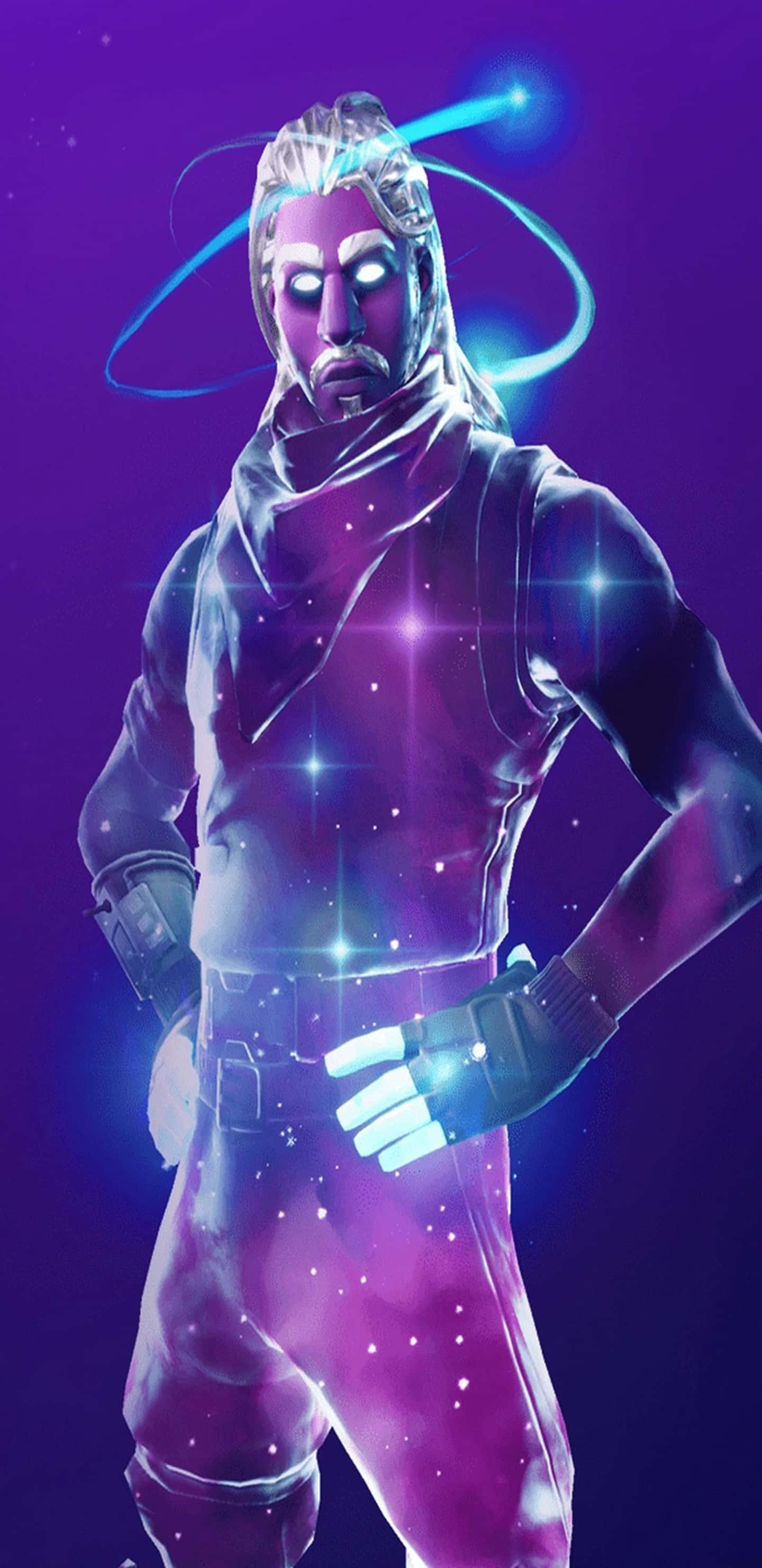 Pixel 3XL 星際 Galaxy 皮膚 Fortnite 競技場背景 壁紙 — 一個發光的宇宙戰士，帶有霓虹藍色能量漩渦，自信地站在繁星點點的紫色虛空前。