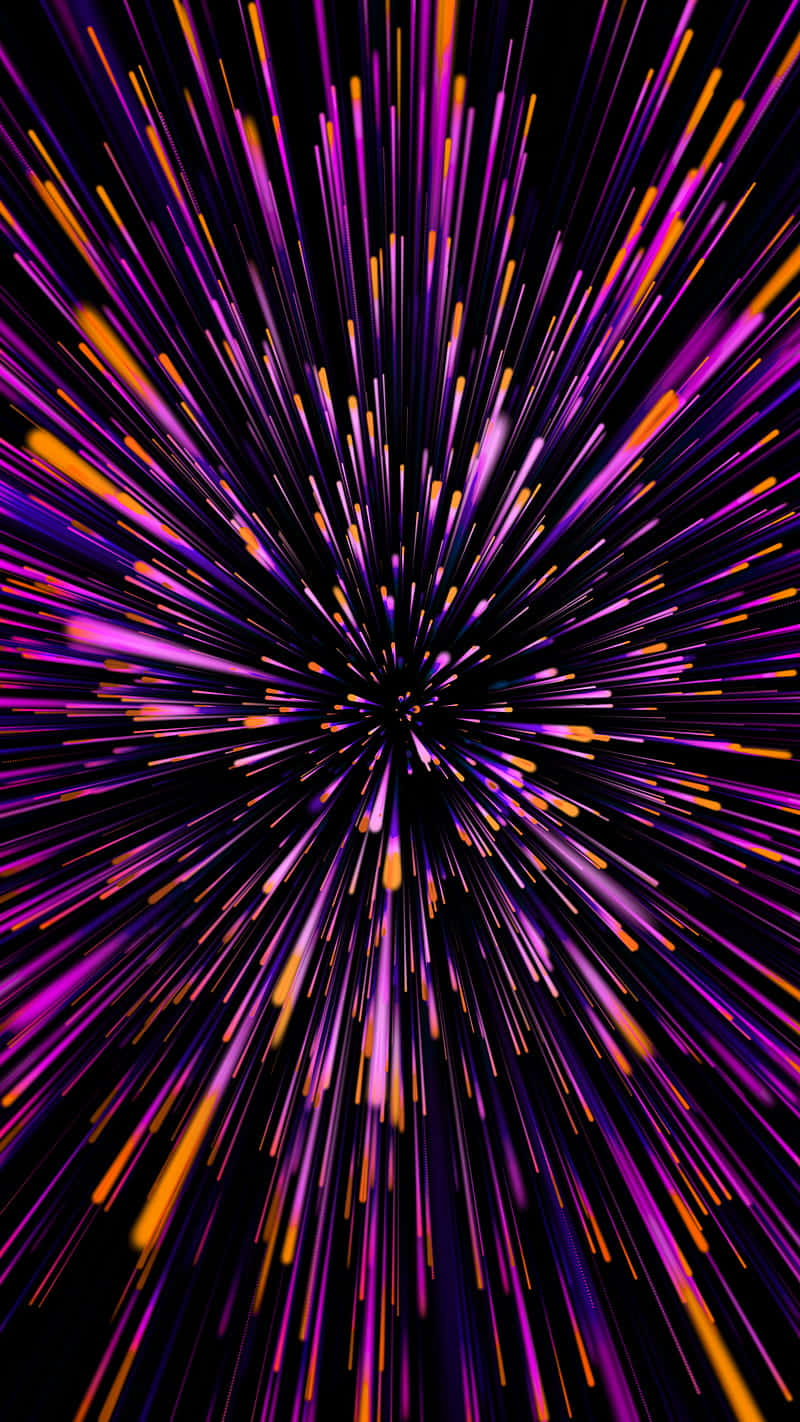 從中心輻射出的紫色和橙色條紋形成的動態宇宙爆炸。
