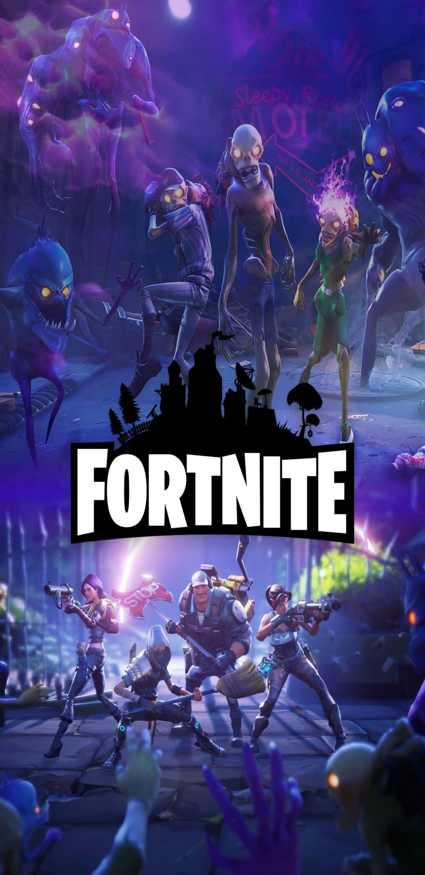 Pixel 3XL 紫色美學 Fortnite 競技場海報背景 壁紙 — Fortnite 角色在霓虹燈下的黑暗城市廢墟中與發光的紫色殭屍戰鬥。
