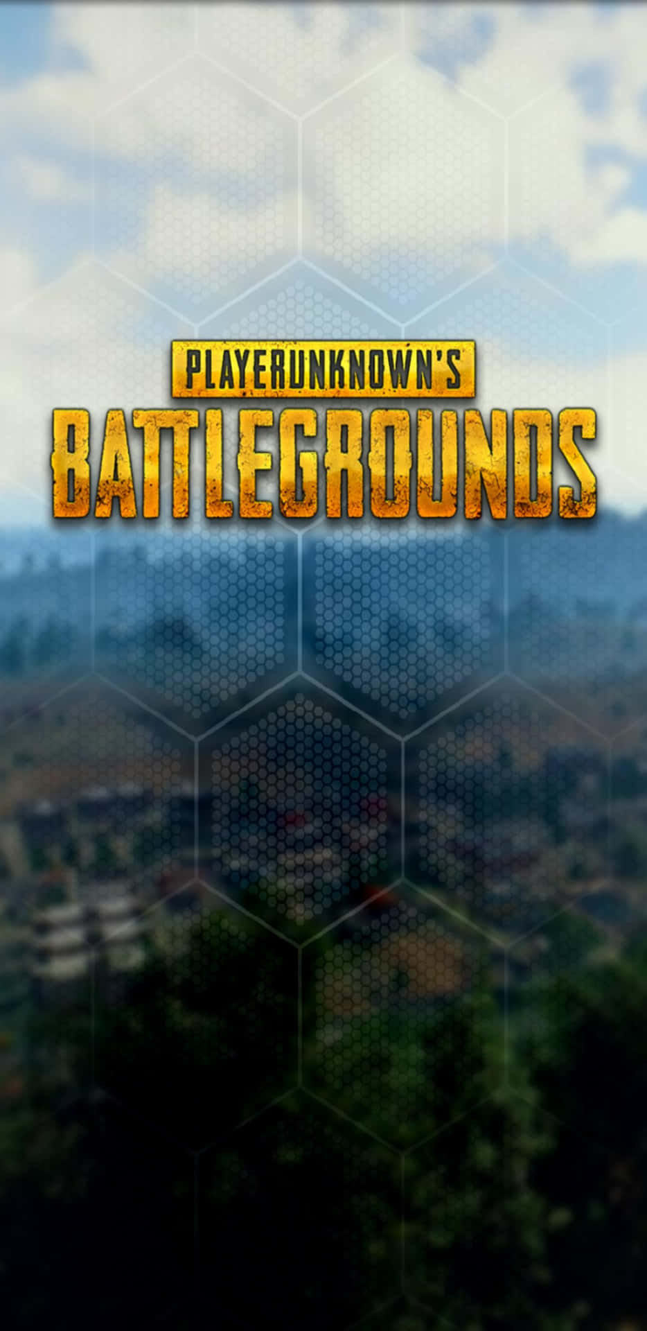 在森林戰場上帶有六邊形疊加的 PUBG 遊戲標誌。
