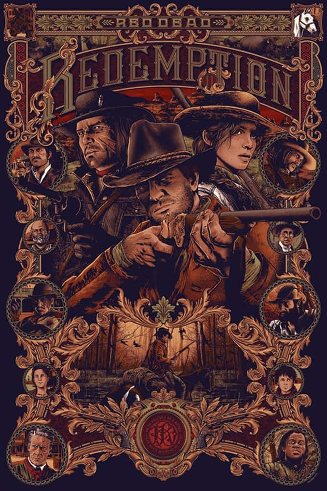 Red Dead Redemption 海報，帶有華麗金色邊框和西部角色肖像。