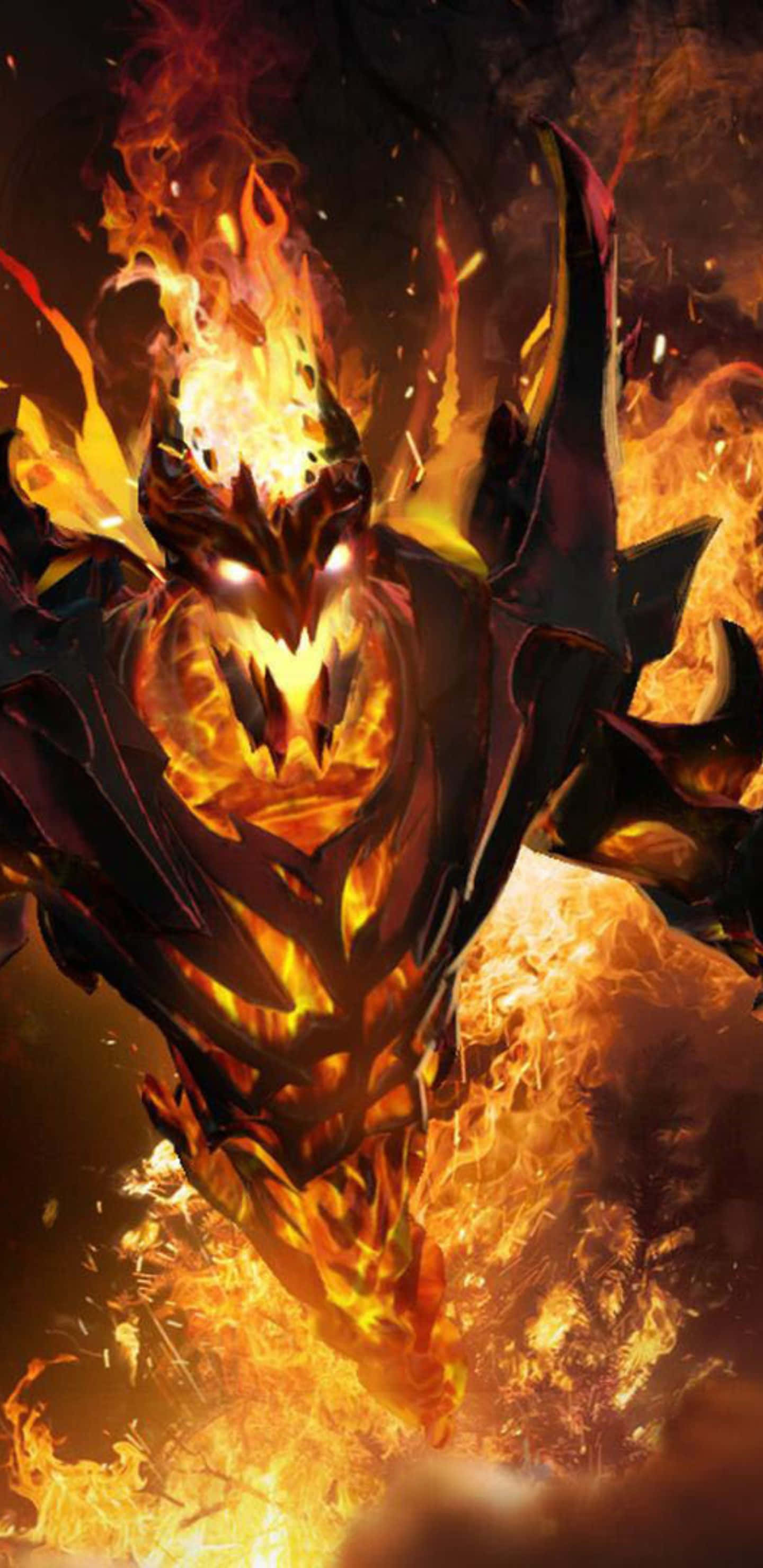 Pixel 3XL 遊戲 Dota 2 背景與影魔 壁紙 — 一個威脅性的惡魔形象，被咆哮的火焰環繞，有著發光的眼睛和鋸齒狀的角，背景是黑暗煙霧繚繞。