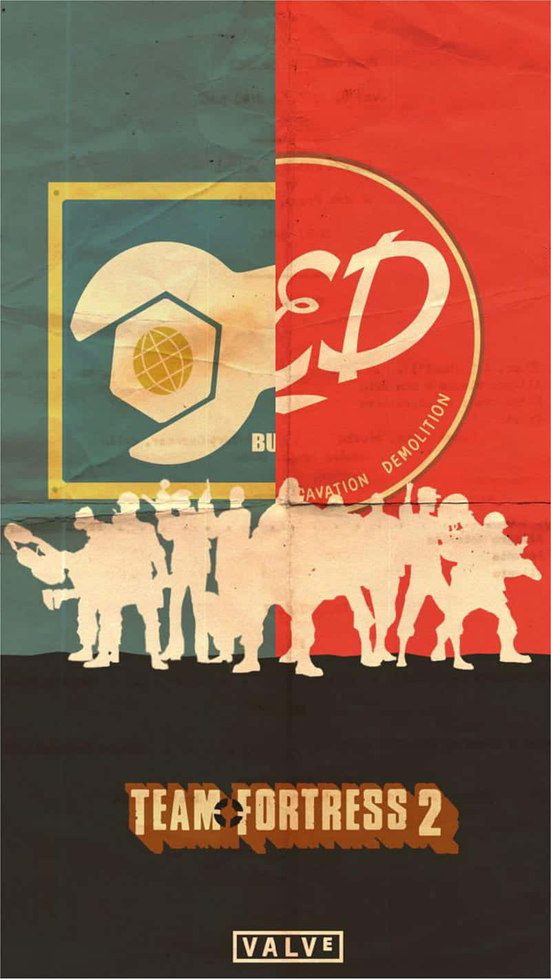 Team Fortress 2 遊戲海報，帶有 Builders 和 Demolitionists 剪影。