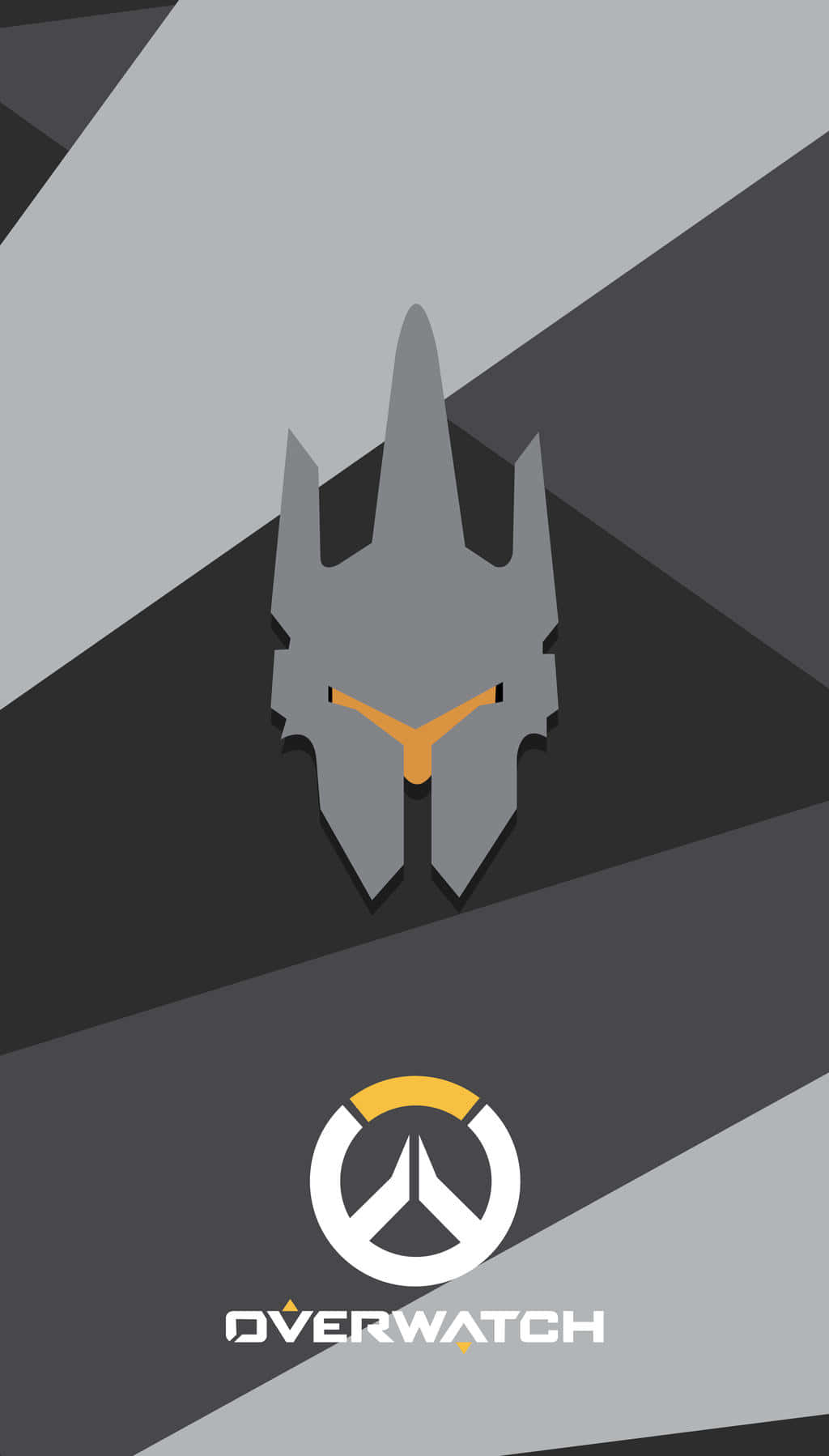 Overwatch英雄頭盔和標誌在灰色幾何背景上。