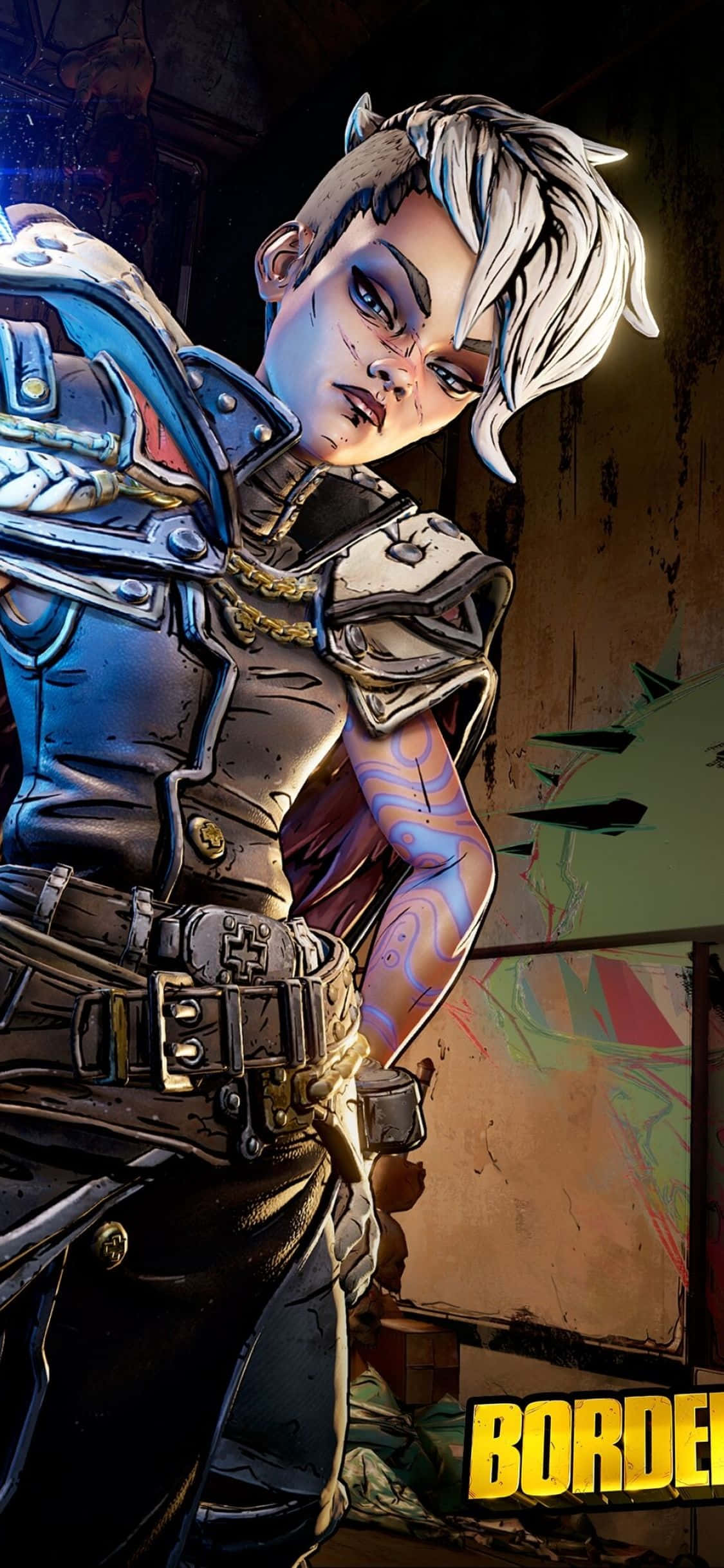 圖片 用Pixel 3xl同Borderlands 3探索Pandora嘅極限 壁紙 — 一個風格化的動漫角色，白髮和紋身，在粗糙的城市環境中穿著精細的盔甲。