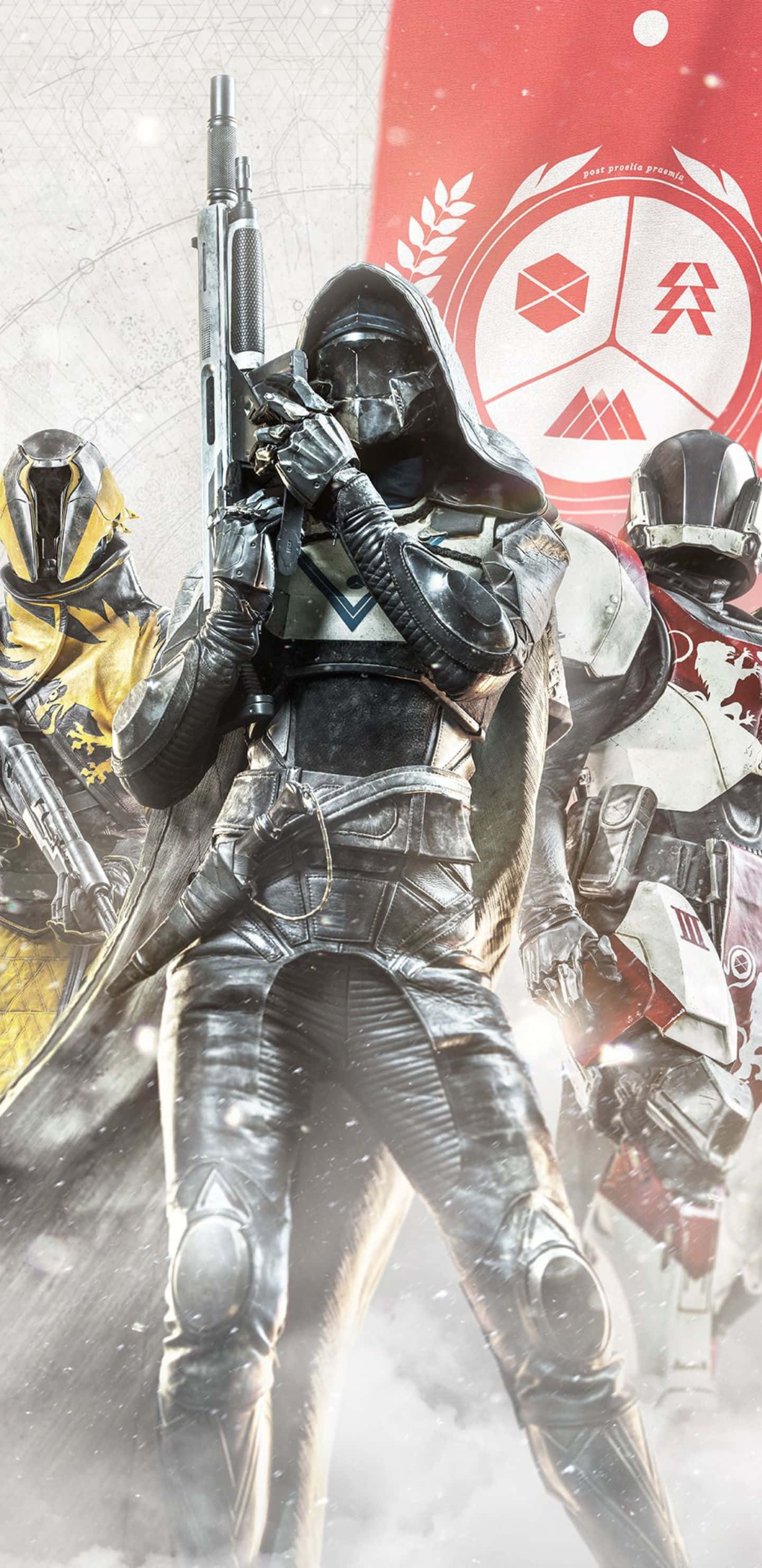 Pixel 3xl《Destiny 2》背景：遊戲三種職業角色 壁紙 — 一名身穿深色裝甲的戰士手持步槍，在煙霧瀰漫的戰場上挑釁地站立，兩側有另外兩名裝甲人物，下方是帶有白色徽章的紅色旗幟。