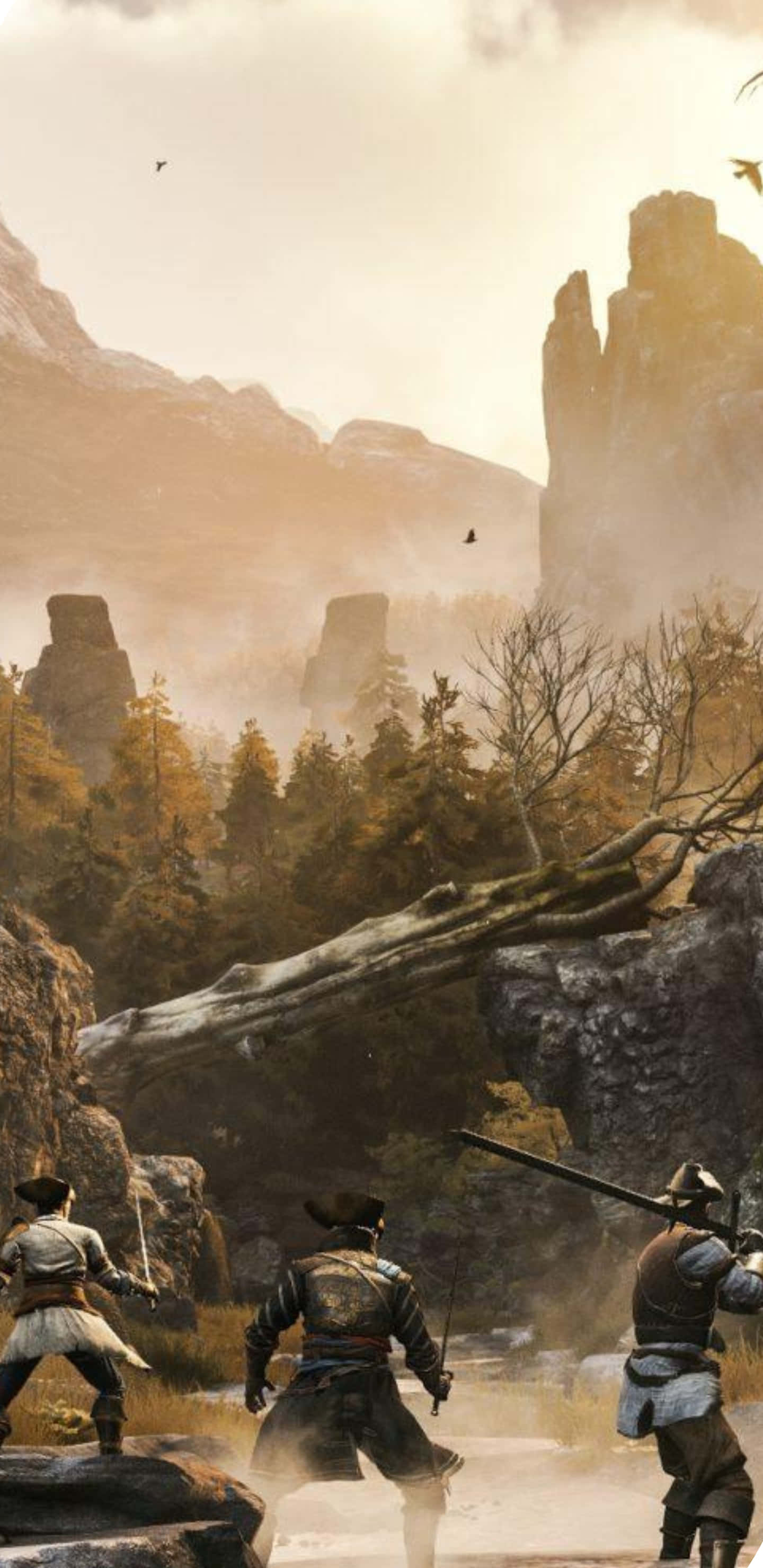 Pixel 3xl《Greedfall》隊伍對抗飛行怪物背景 壁紙 — 三名身穿鎧甲的戰士在迷霧籠罩的山谷中準備就緒，周圍是高聳的岩石結構和秋樹，上方是朦朧的金色天空。