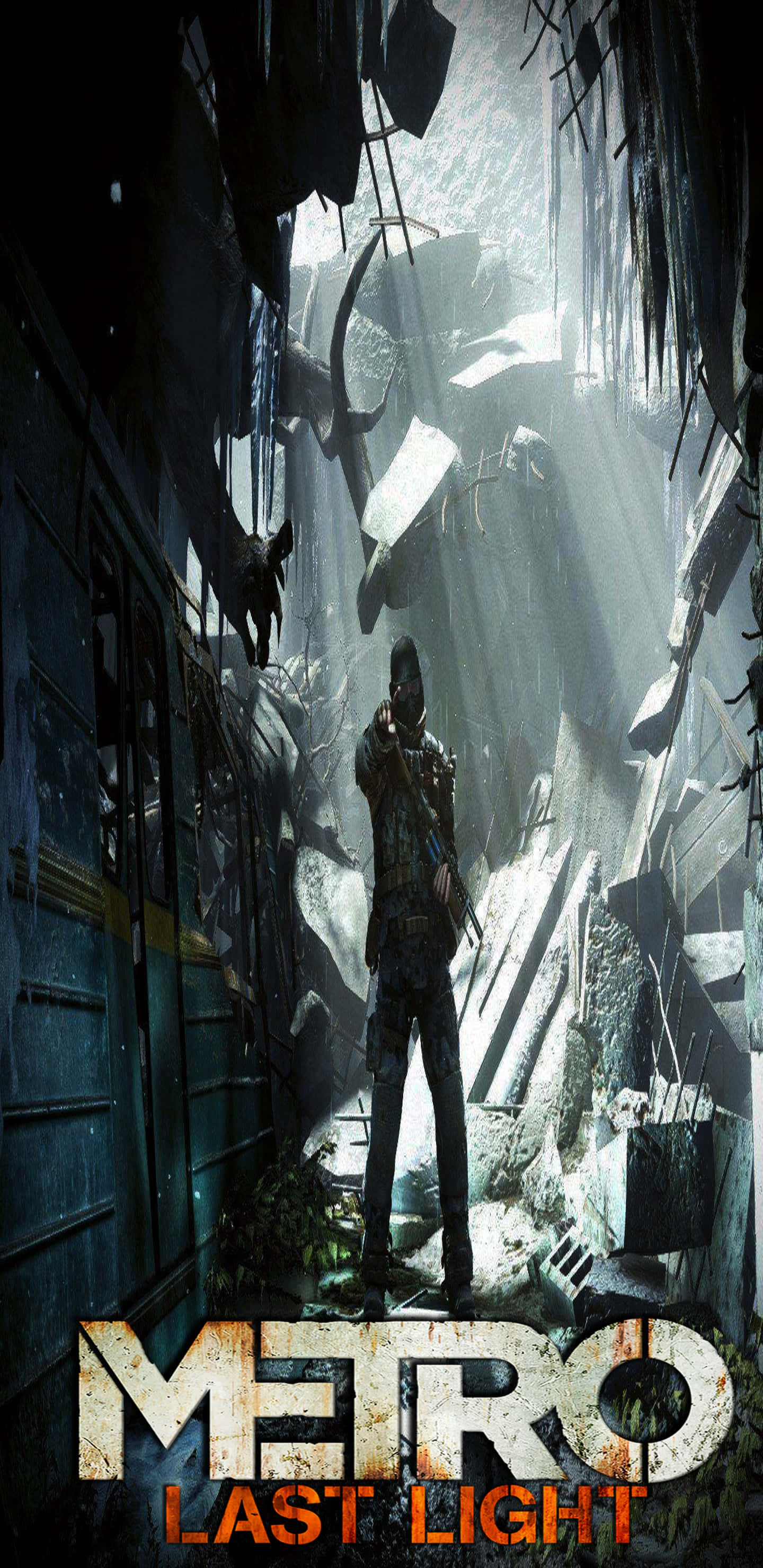 Pixel 3XL上《Metro Last Light》遊戲精彩畫面 壁紙 — 一個孤獨的倖存者站在廢棄的地鐵隧道中，舉起武器瞄準，上方光線穿過瓦礫照射下來。