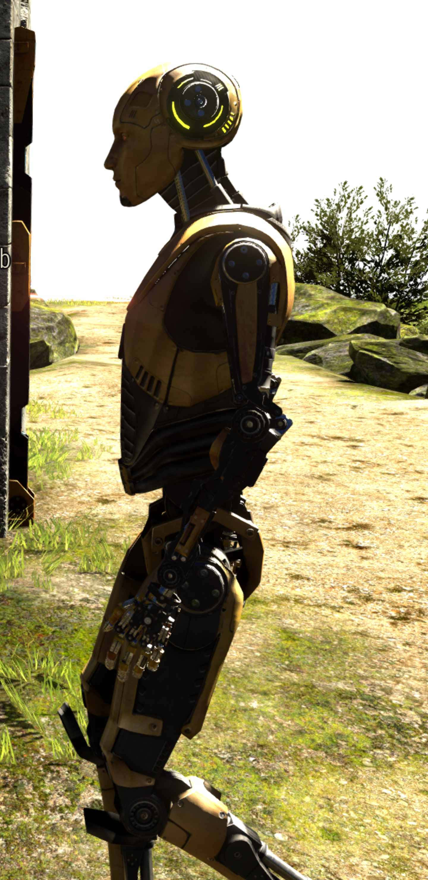 Pixel 3XL《The Talos Principle》背景：Uriel 步行 壁紙 — 一個金色裝甲機械人喺明亮日光下，喺岩石旁邊嘅草地上側面站立。