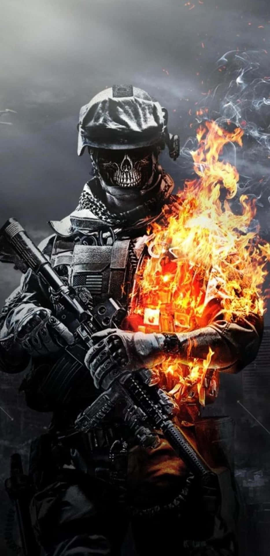 骷髏臉士兵被火焰吞噬，在黑暗煙霧環境中手持步槍。