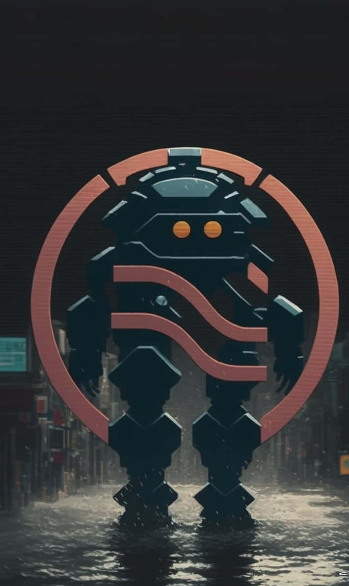 Pixel 3搭配Portal 2遊戲背景 壁紙 — 一個高聳的黑色機械人，帶有發光的橙色眼睛，站在黑暗天空下被洪水淹沒的城市街道上。