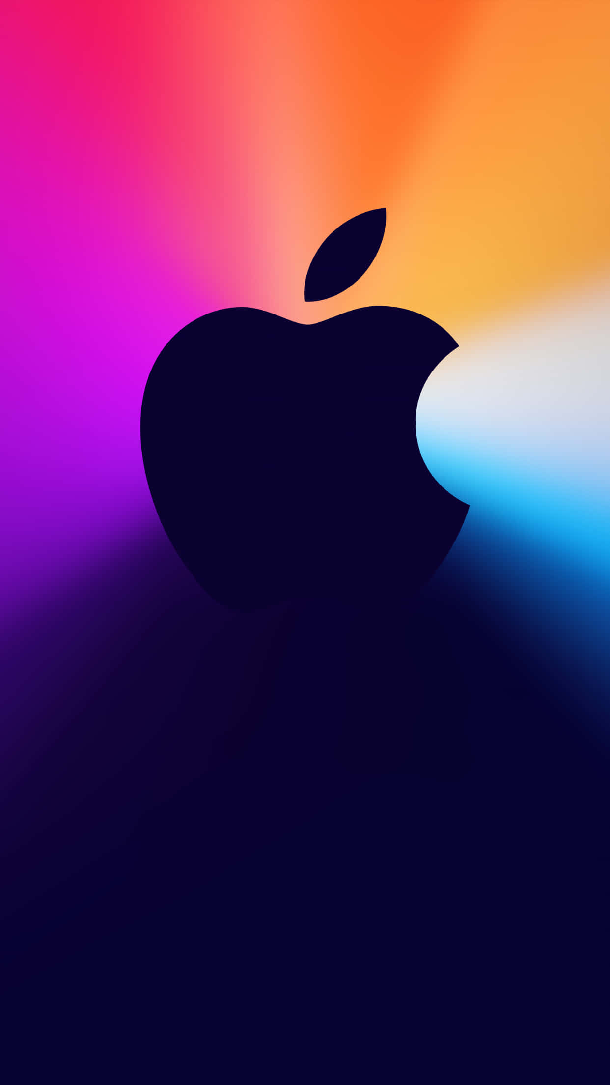 Pixel 3背面蘋果品牌特寫 壁紙 — 一個時尚的黑色Apple標誌剪影，矗立在充滿活力的洋紅色、橙色和藍色漸變背景上。