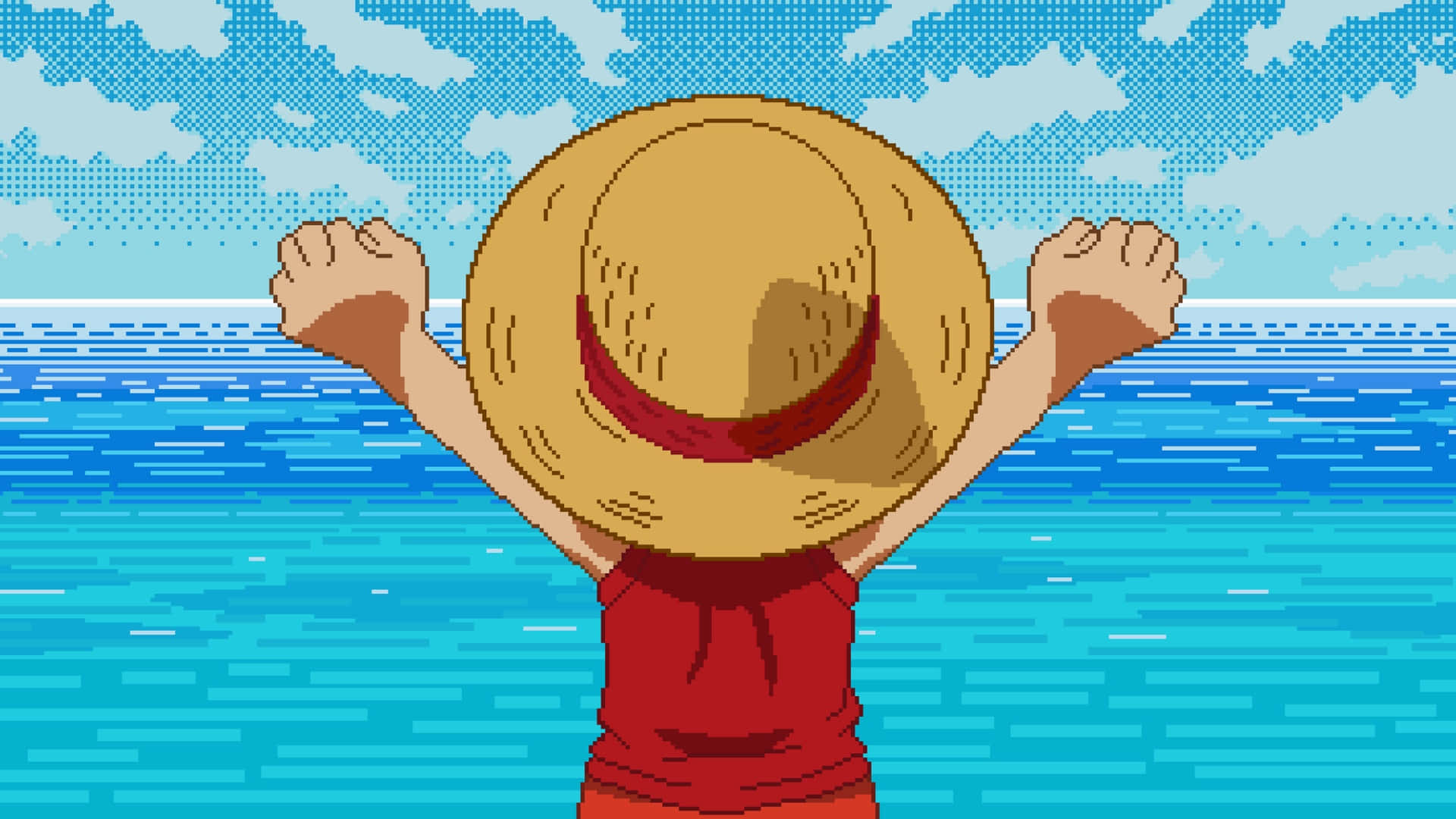  壁紙 — 一個像素化嘅動漫角色戴住草帽，向住藍色嘅海洋同天空舉起拳頭。