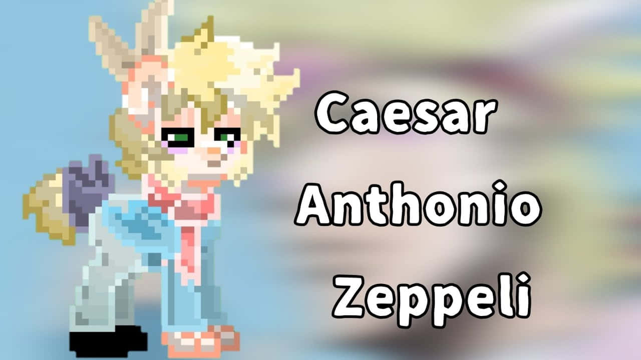 Caesar Anthonio Zeppeli 桌布 壁紙 — 像素藝術角色 Caesar Anthonio Zeppeli，金髮綠眼，站在模糊的彩色背景前。