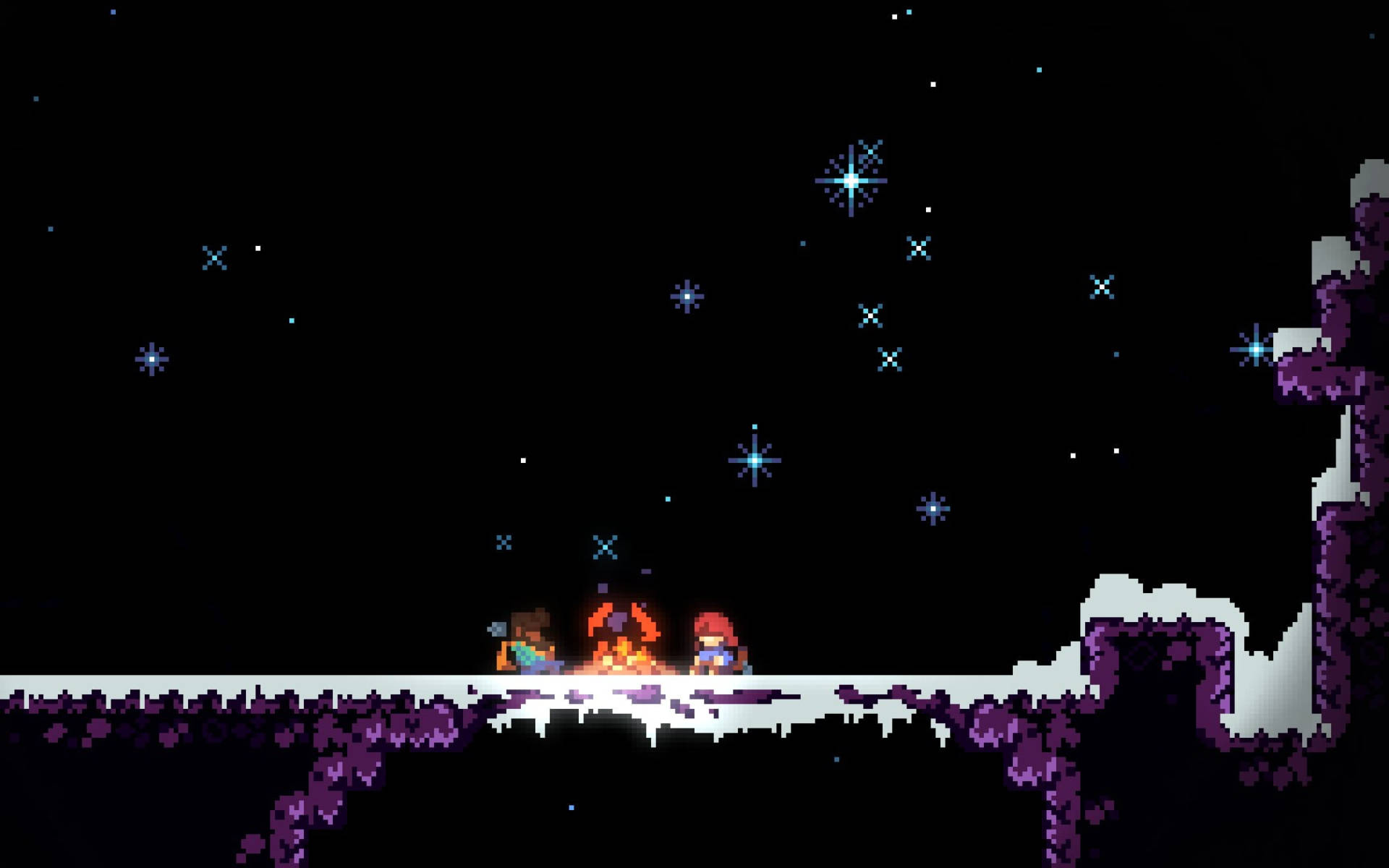 Celeste 像素篝火 壁紙 — 像素藝術角色在星空下的雪地邊緣圍著營火取暖。