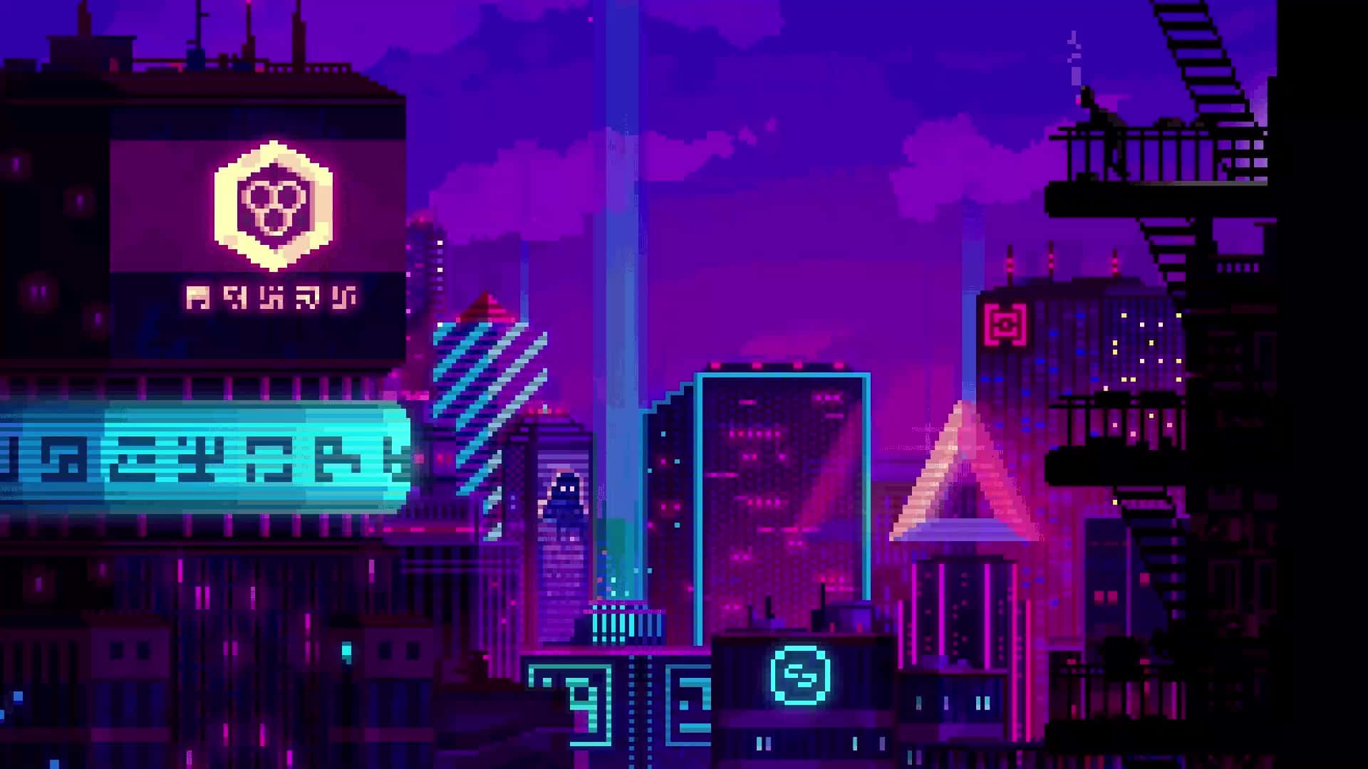  壁紙 — 夜晚的像素藝術城市景觀，霓虹燈牌在黑暗的天空中發出紫色和藍色的光芒。