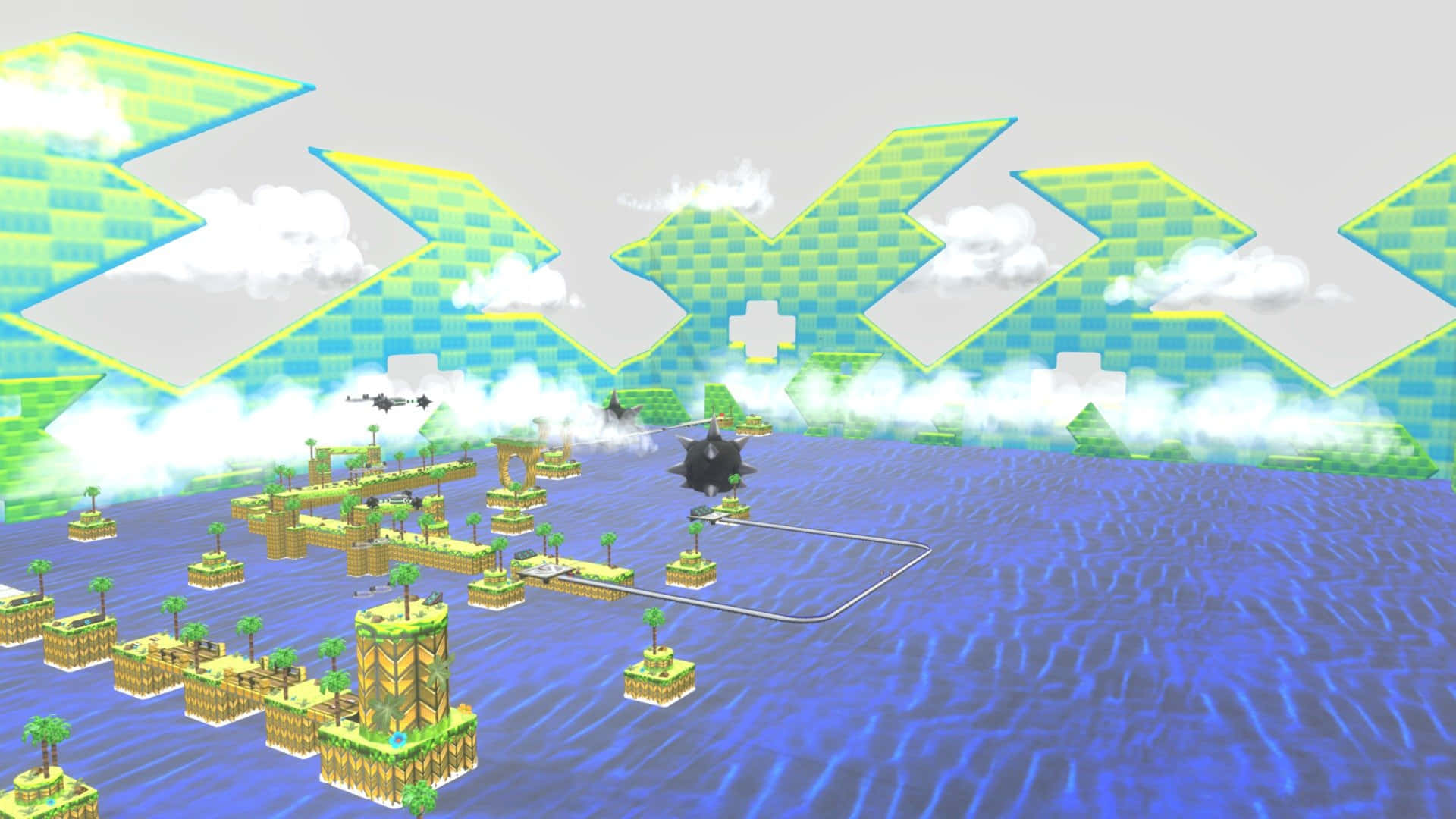  壁紙 — 一個像素藝術遊戲場景，有浮島、棕櫚樹和黑色船隻在幾何天空下的藍色水上航行。