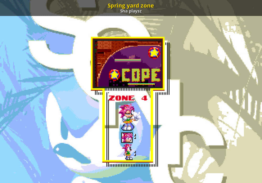  壁紙 — 像素藝術遊戲畫面，顯示「COPE」，粉紅髮角色在區域4，背景為風格化動漫臉孔。
