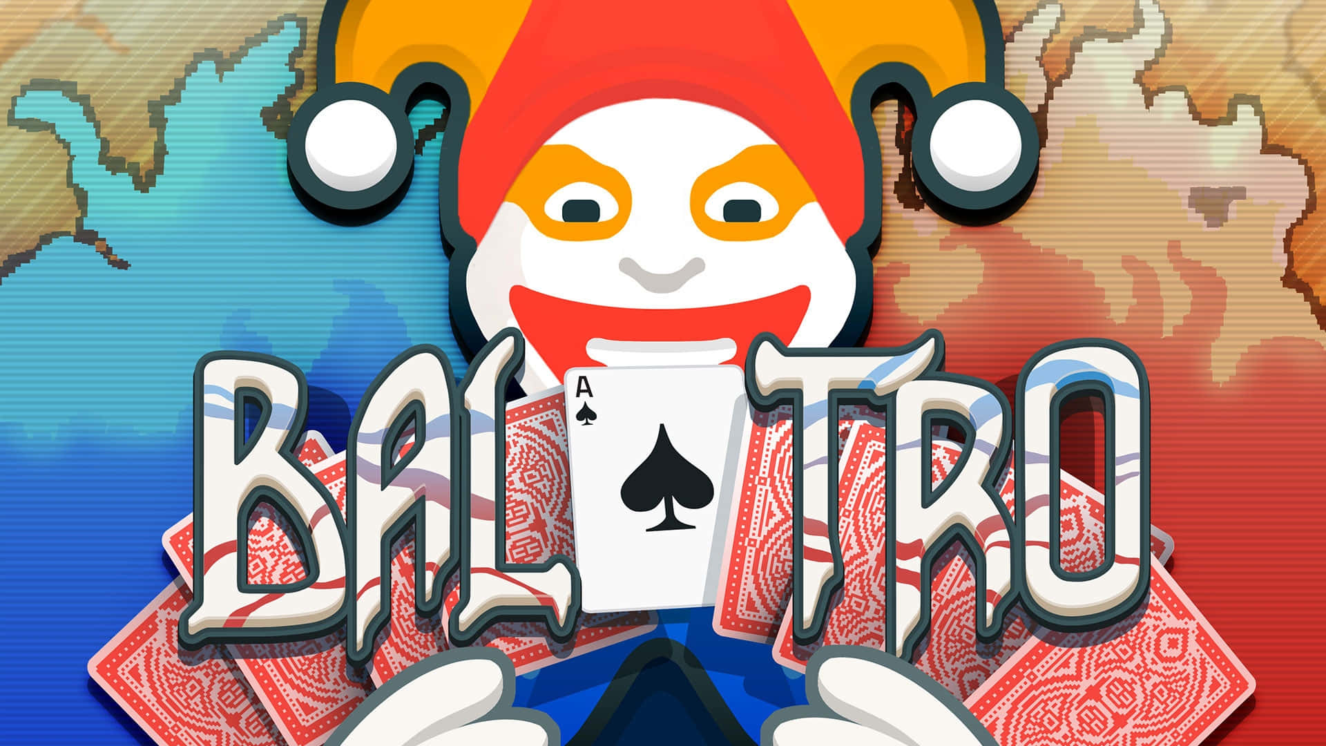  壁紙 — 一個像素藝術小丑在 'BAL-TRO' 字樣上方舉著黑桃A，背景是世界地圖。