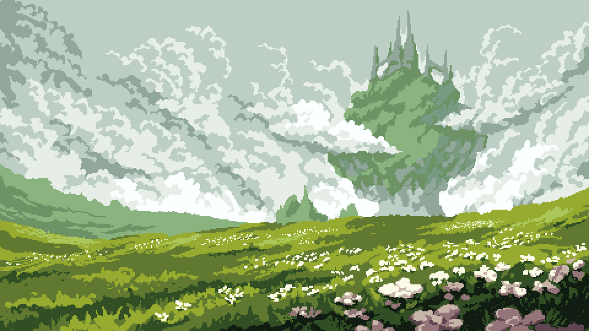 Abstract Landscape 桌布 壁紙 — 一幅像素藝術風景畫，描繪了起伏的綠色山丘，點綴著白色和紫色的花朵，天空多雲，遠處有城堡的輪廓。