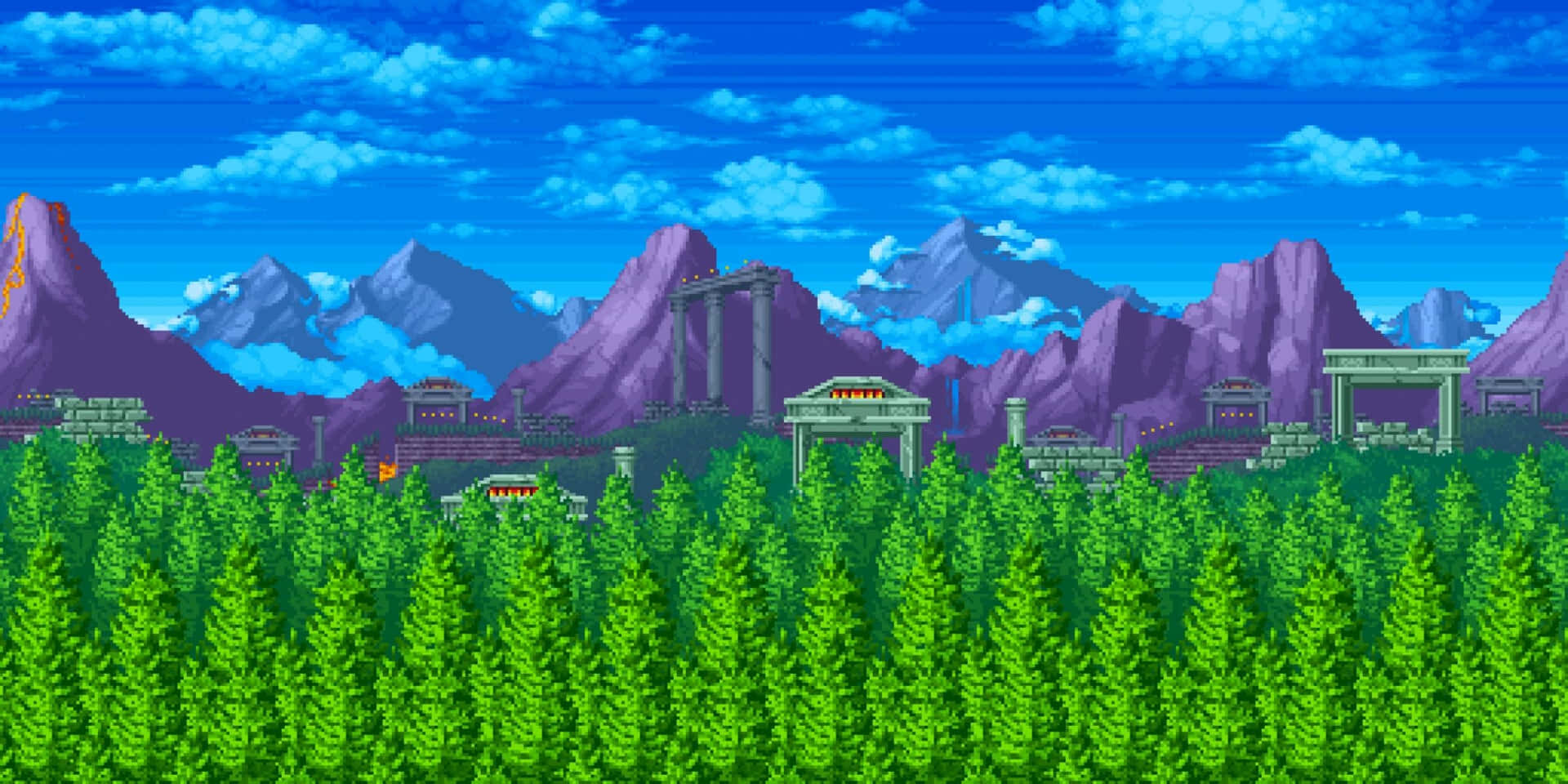  壁紙 — 像素藝術風景，前景是充滿活力的綠色松林，在明亮的藍天和蓬鬆雲朵下是紫色的山脈。