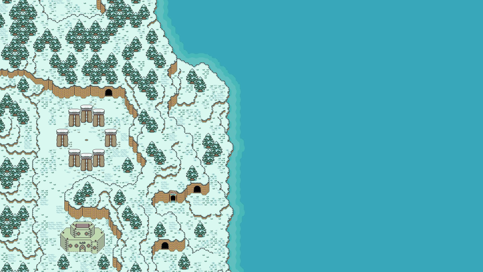 《Earthbound》雪海與海景的寧靜風光 壁紙 — 像素藝術地圖，描繪雪覆蓋的森林海岸線，附近有石結構和洞穴，靠近碧綠色的海洋。