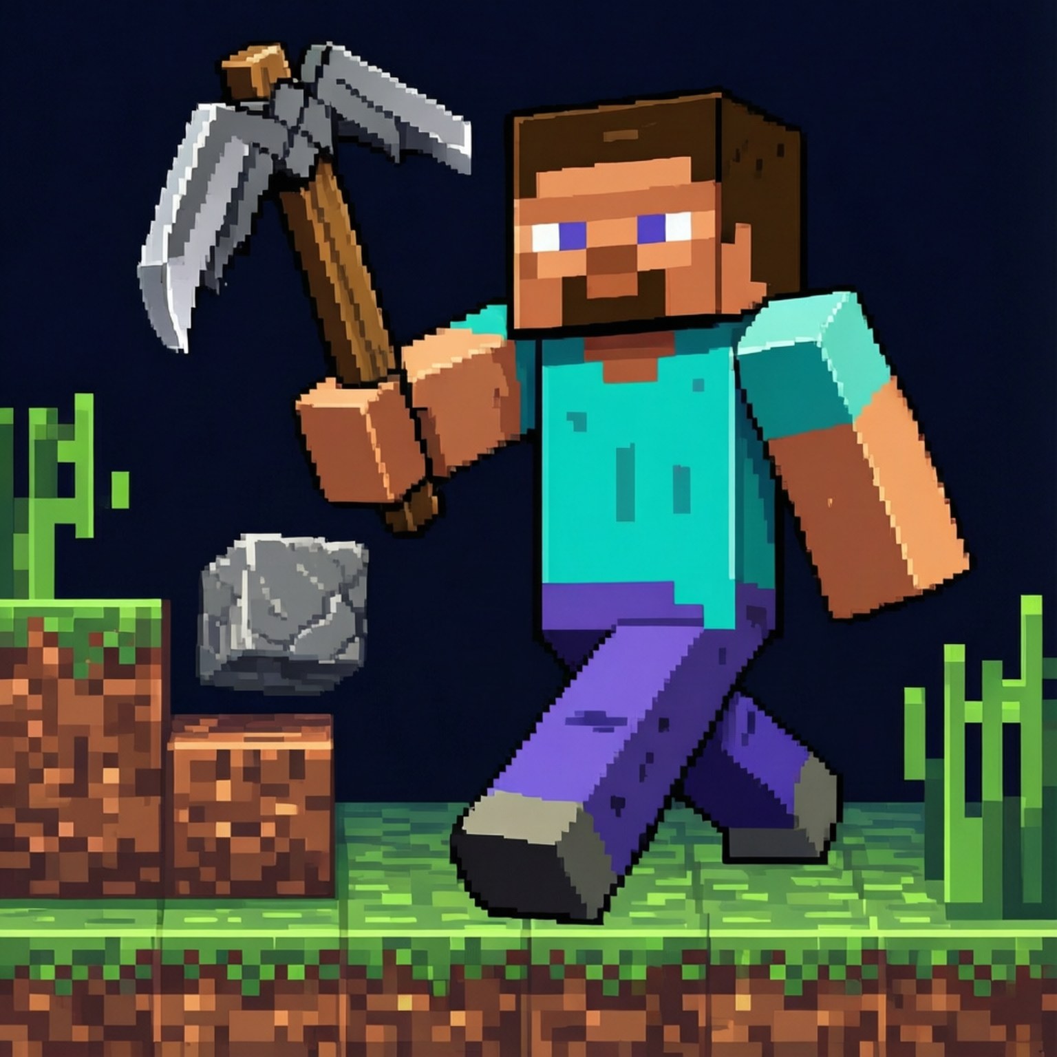 Minecraft角色夜晚在草塊上拿著鎬，有仙人掌和石頭